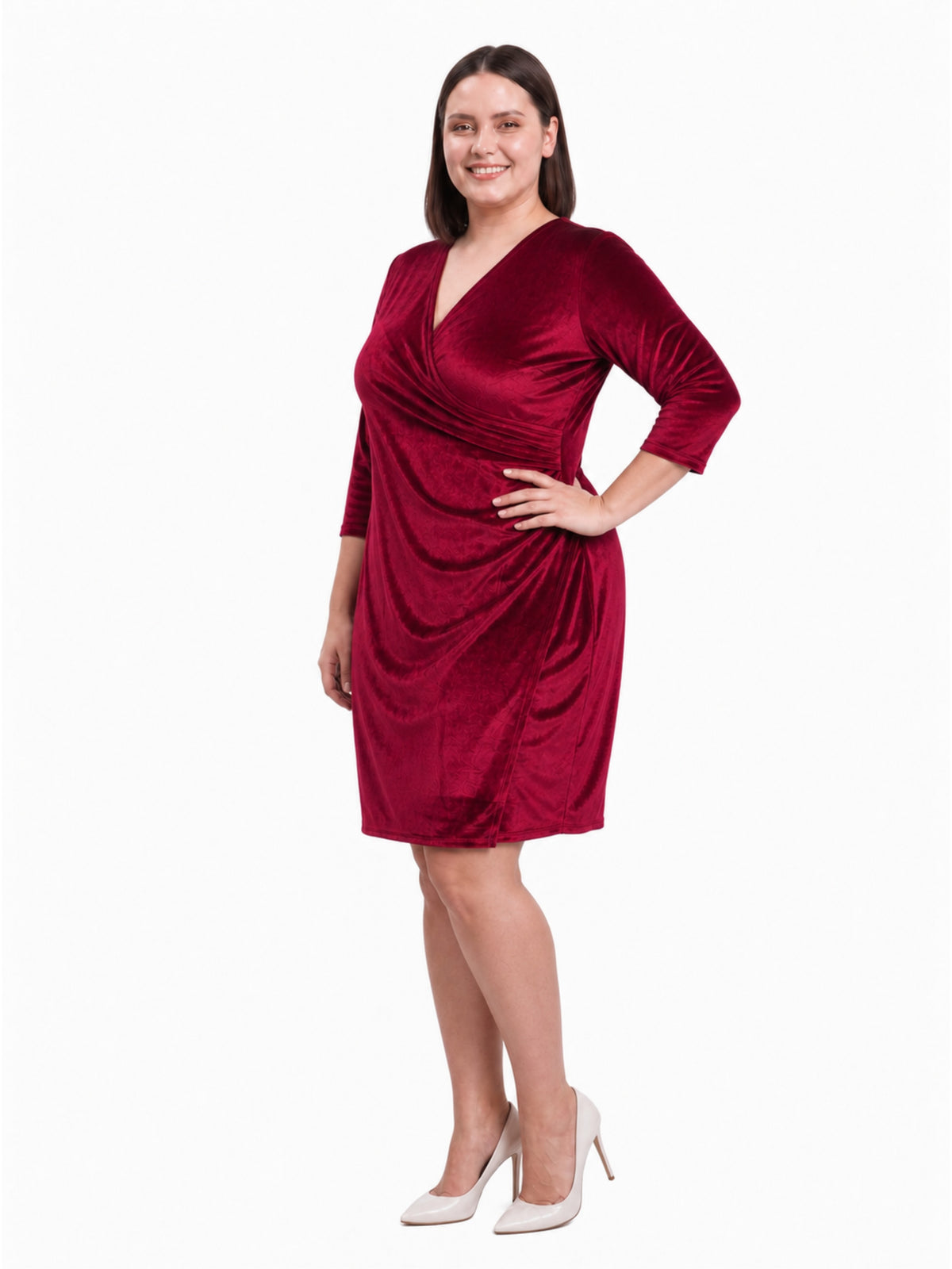 24seven Comfort Elevate Curvy Velvet Wrap V-Neck Three-Quarter Sleeve Dress
