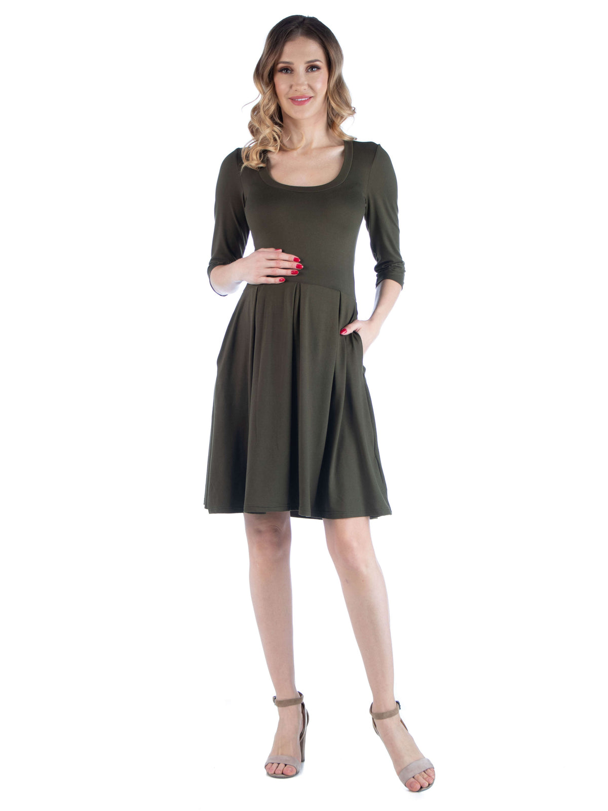 24seven Comfort Essential Maternity Scoop Neck Three Quarter Sleeve Pleated Fit N Flare Pocket Mini Dress