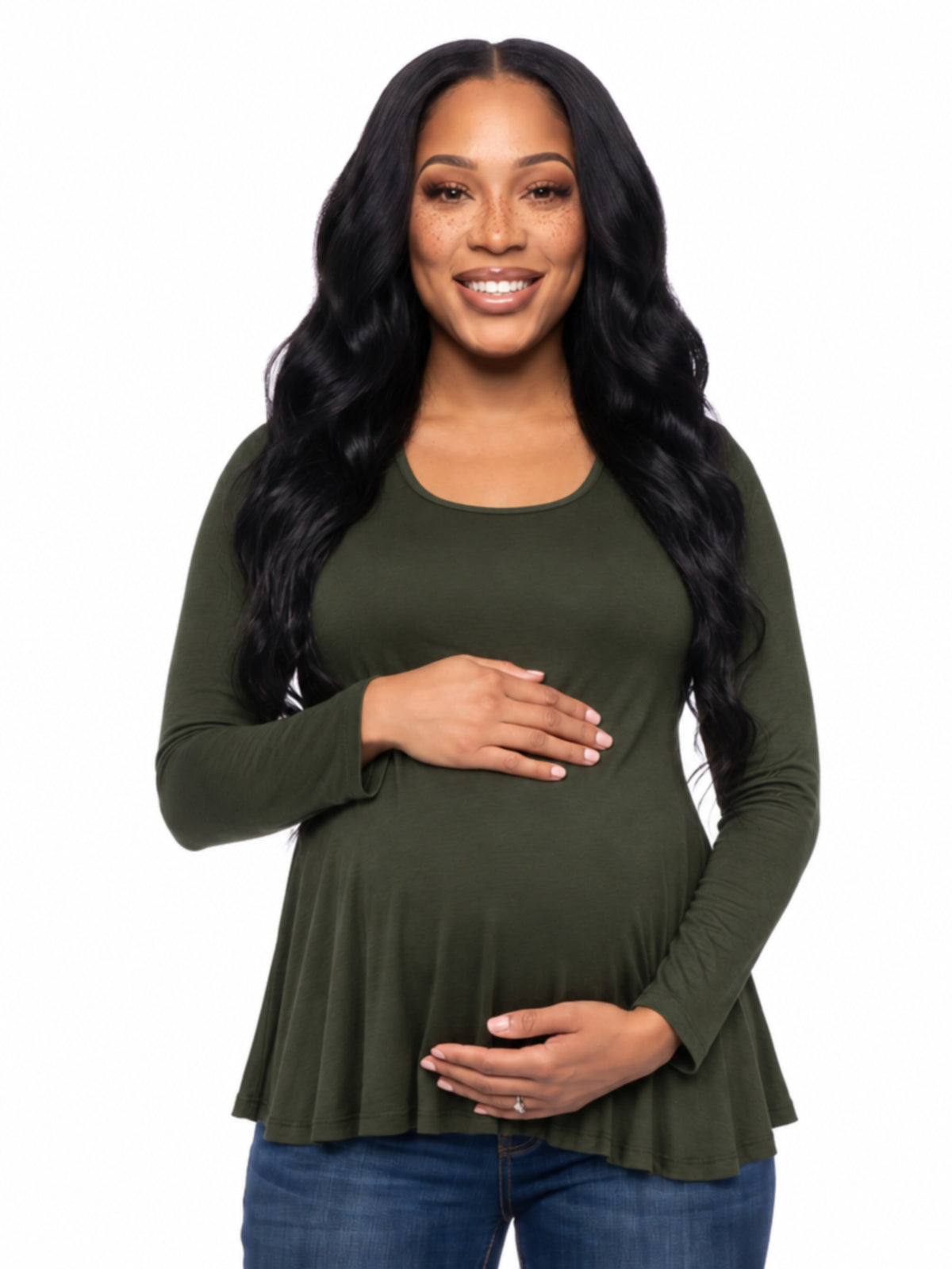 24seven Comfort Basic Maternity Long Sleeve Scoop Neck Swing Style Soft Flare Tunic Top