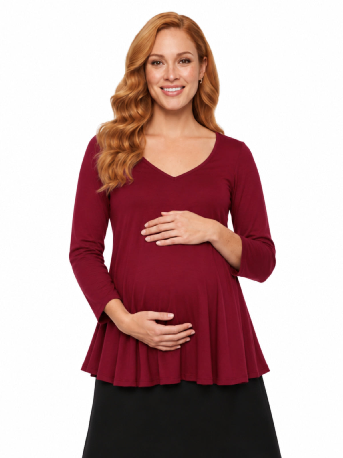 24seven Comfort Basic Maternity Three Quarter Sleeve V Neck Swing Tunic Top