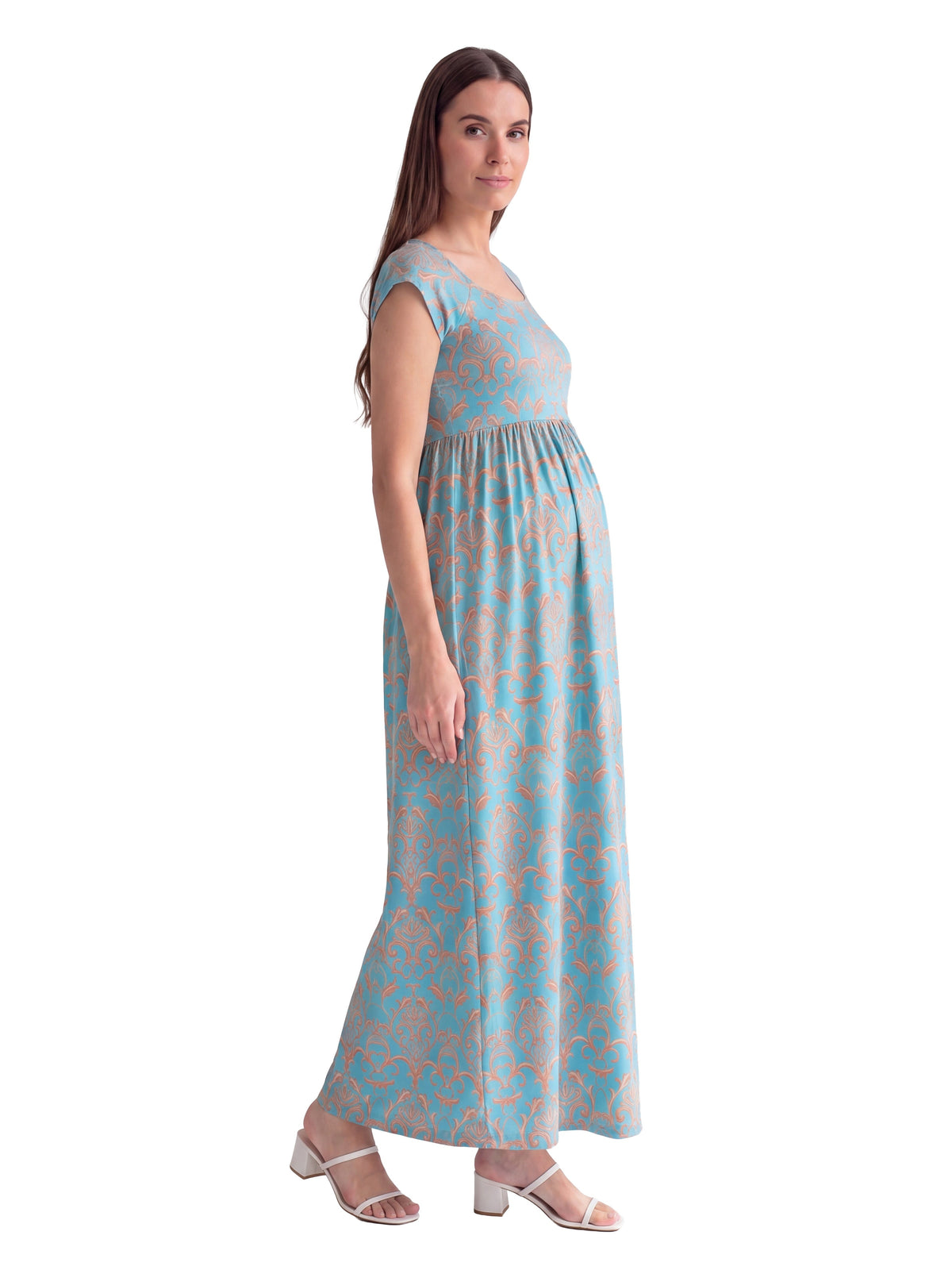 24seven Comfort Essential Maternity Abstract Square Neck Cap Sleeve Pleated A Line Maxi Dress
