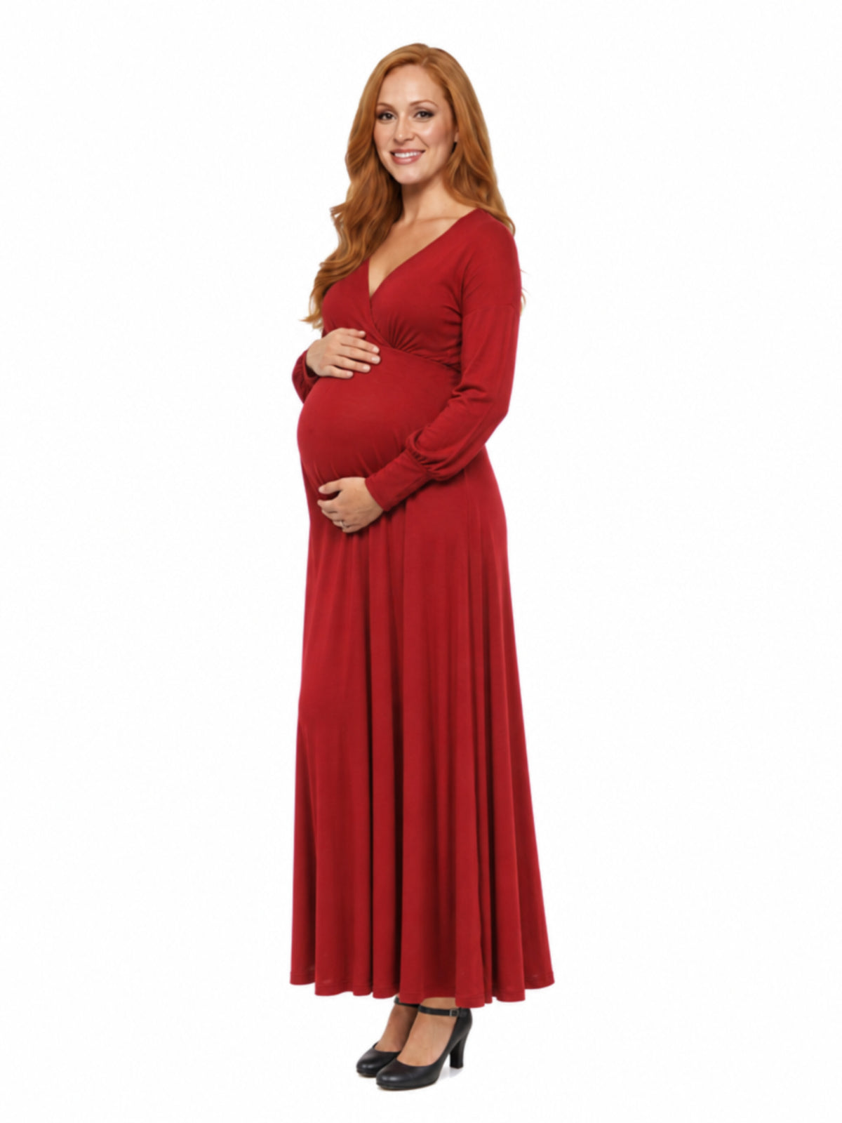 24seven Comfort Elevate Maternity V Neck Empire Waist Long Bishop Sleeve Maxi Dress