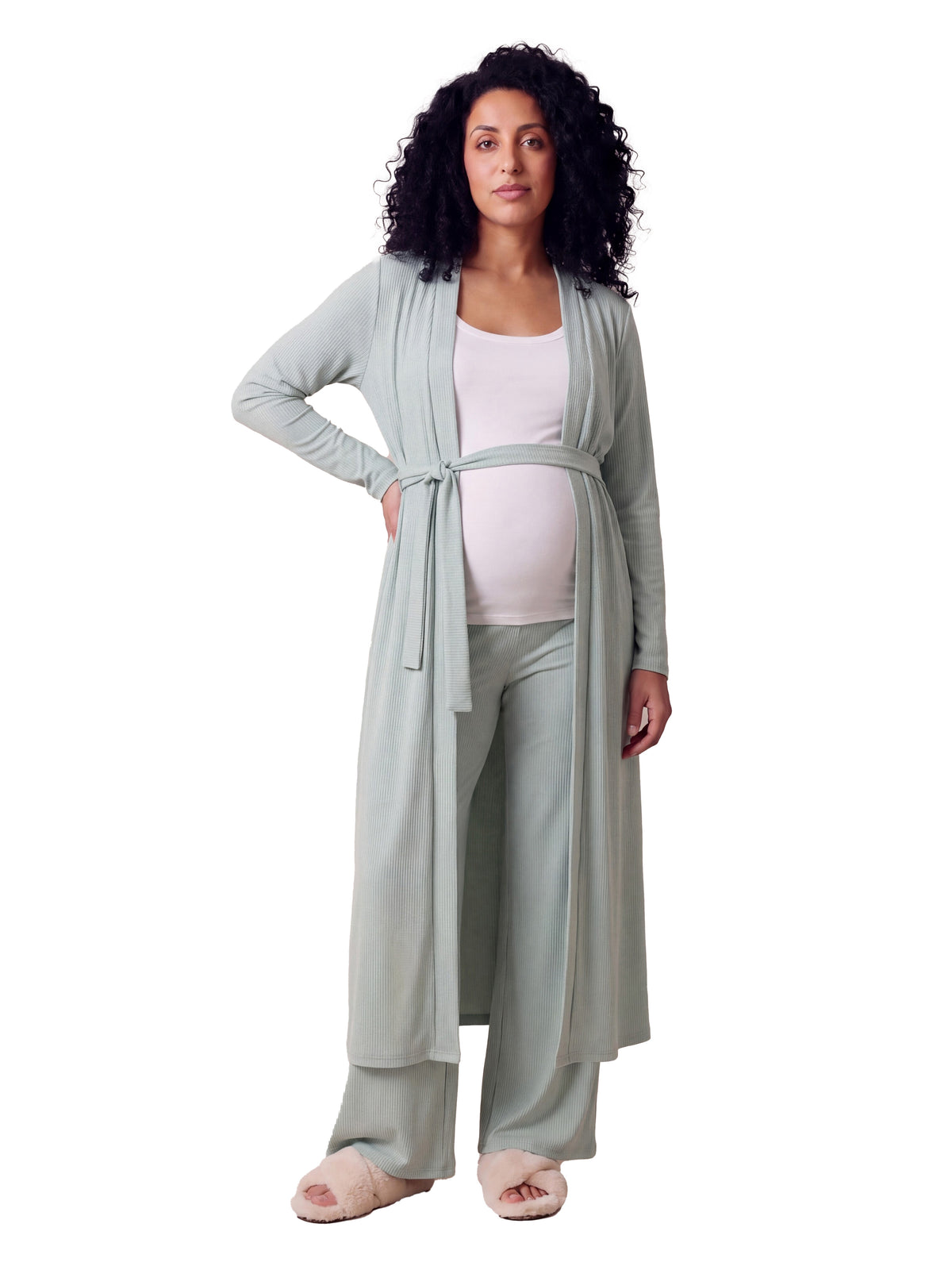 24seven Comfort Basic Maternity Long Sleeve Tie Waist Soft Jacket and Elastic Waist Wide Leg Pant Set