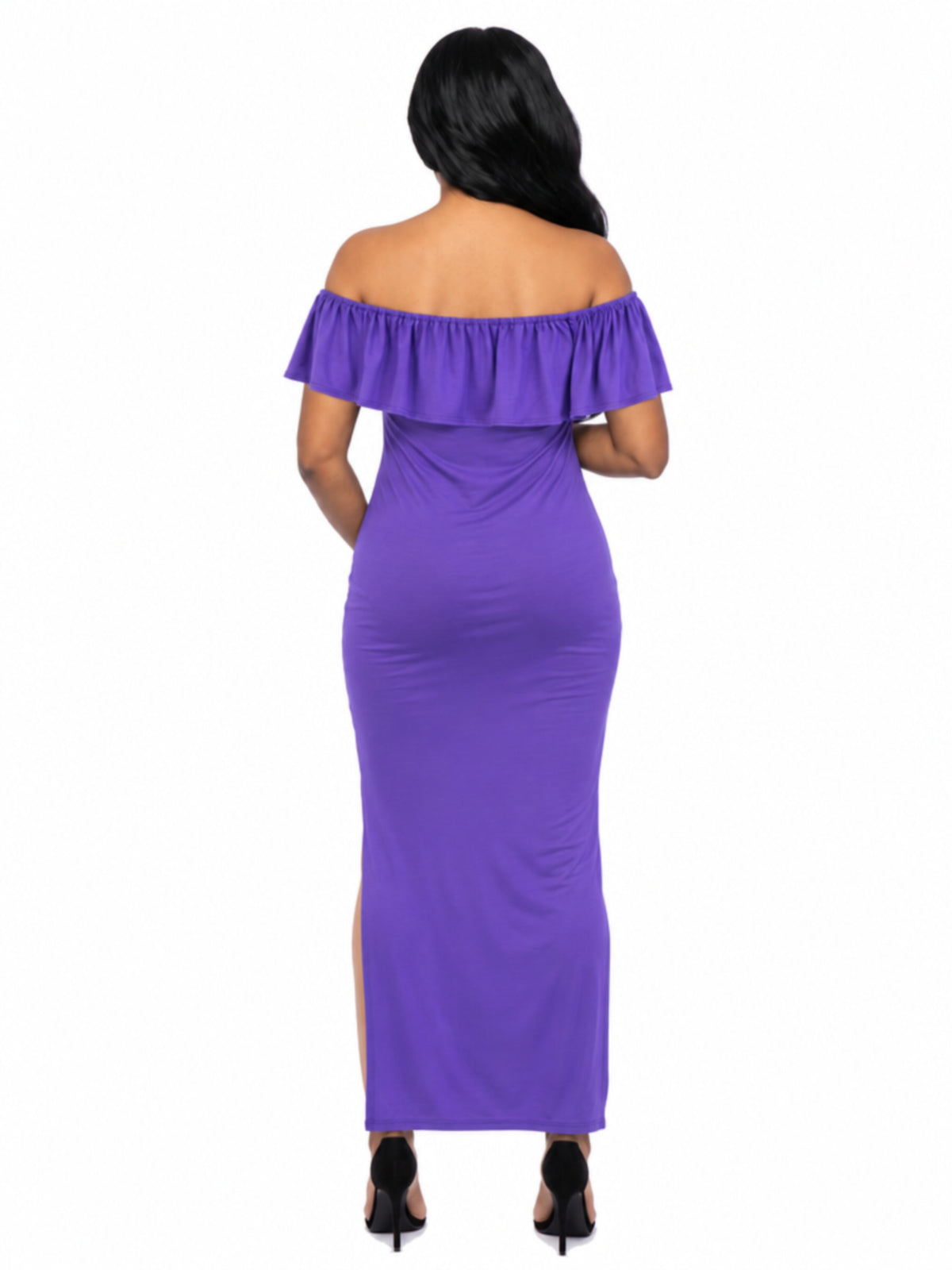24seven Comfort Essential Maternity Off Shoulder Ruffle Detail Side Slit Maxi Dress
