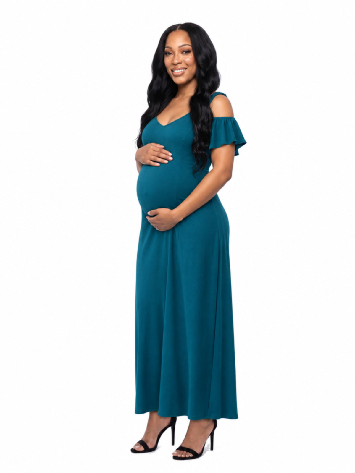 24seven Comfort Elevate Maternity Scoop Neck Cold Sholder Ruffle Sleeve A Line Maxi Dress