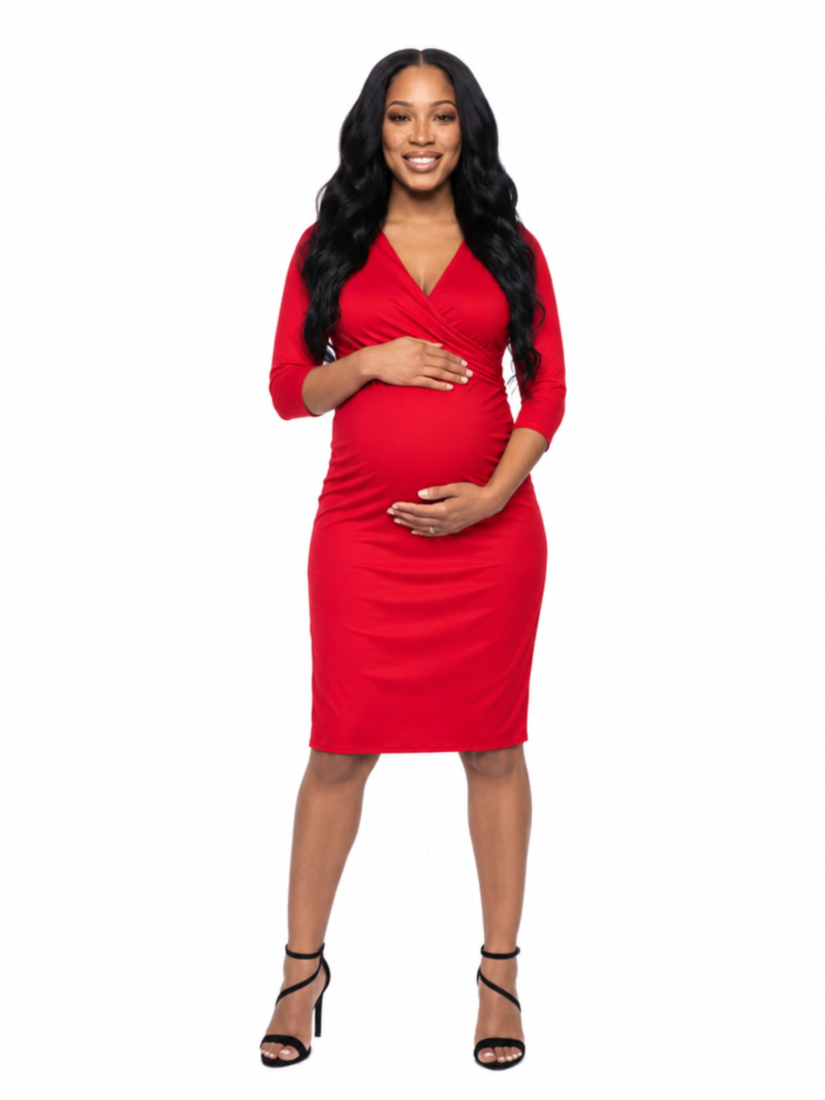 24seven Comfort Essential Maternity V neck Long Sleeve Knee Length Faux Wrap Dress