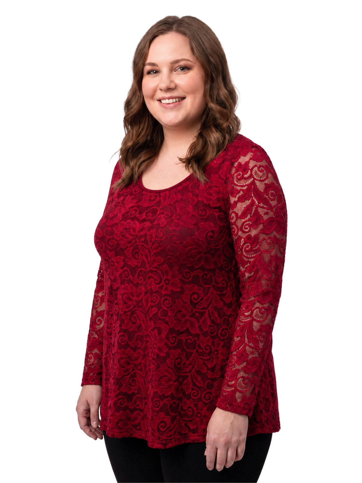 24seven Comfort Elevate Curvy Lace Long Sleeve Scoop Neck Tunic Top