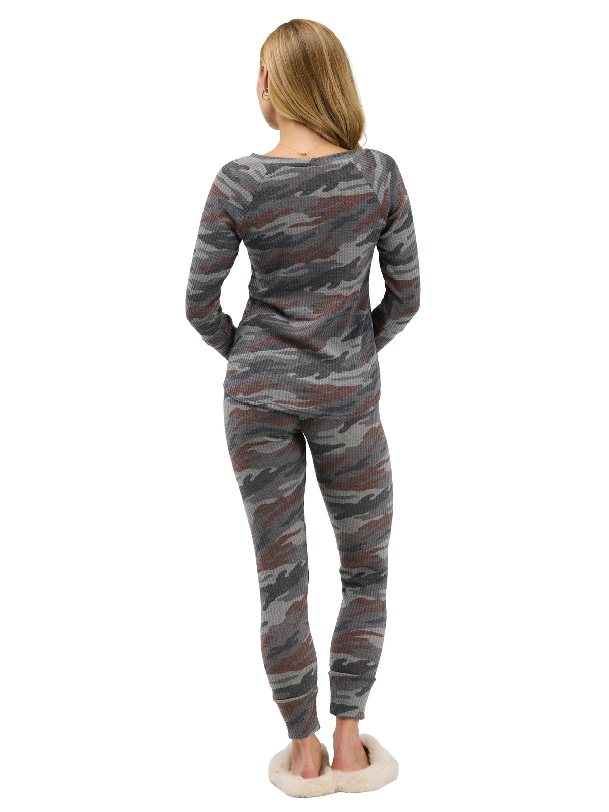 24seven Comfort Essential Womens Soft Stretch Camo Print Long Sleeve Top and Leggings Set