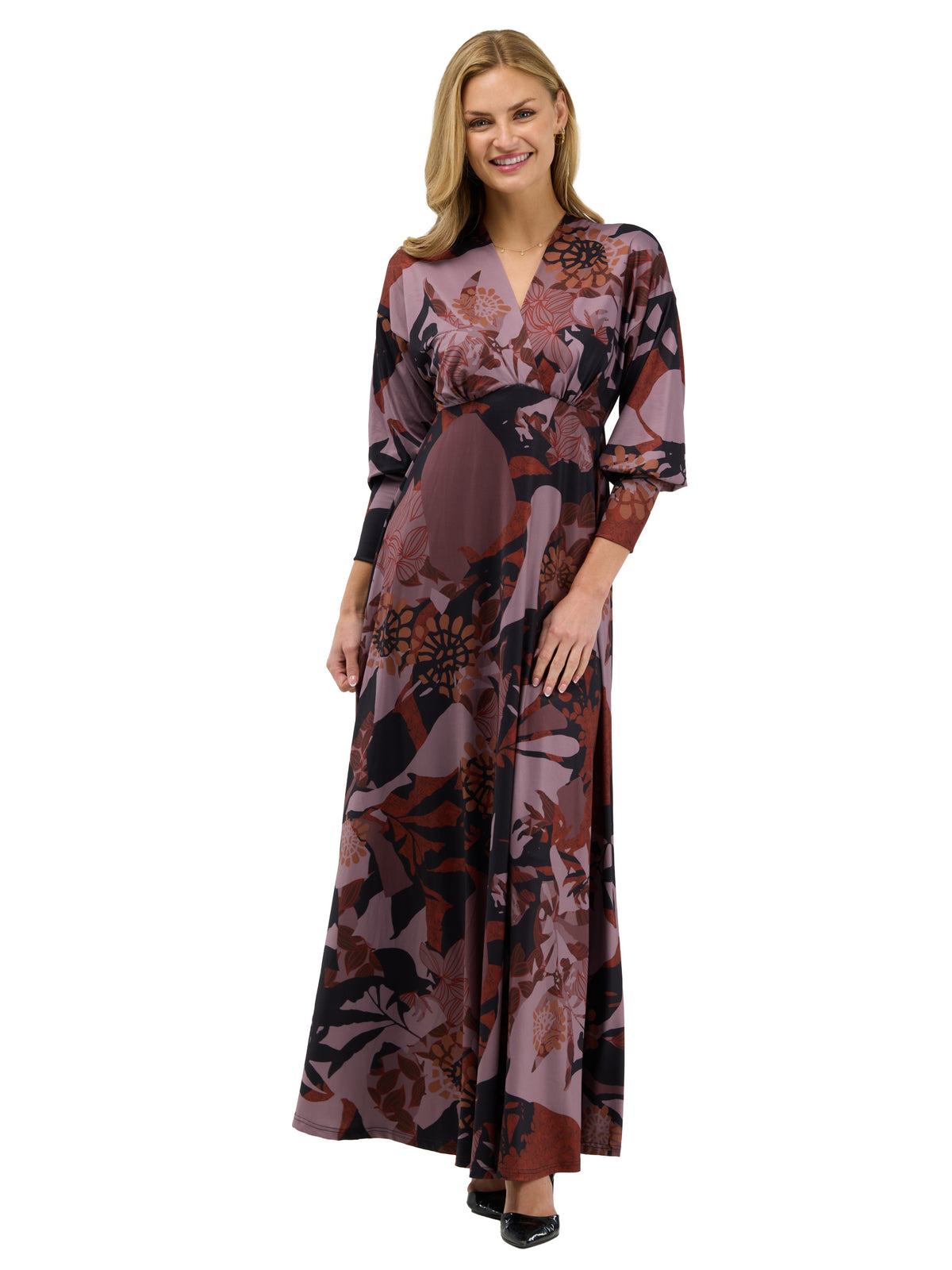 24seven Comfort Elevate Womens V-Neck Three-Quarter Sleeve Floral Maxi Dress