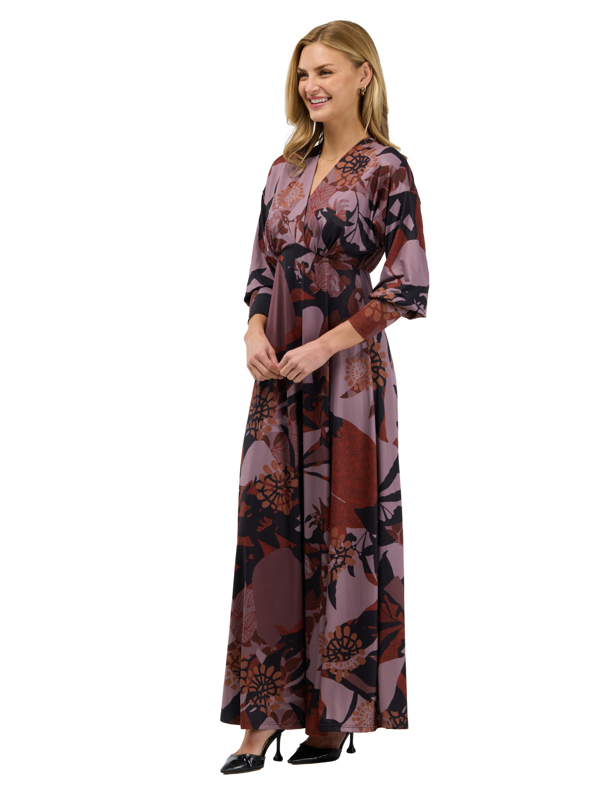 24seven Comfort Elevate Womens V-Neck Three-Quarter Sleeve Floral Maxi Dress