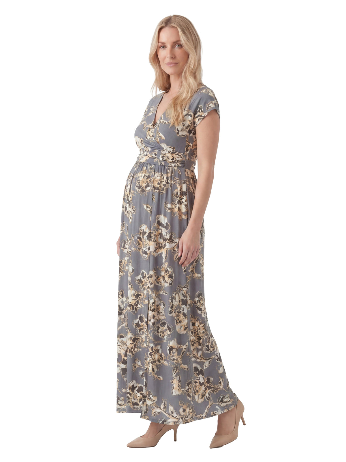24seven Comfort Essential Maternity Floral V Neck Cap Sleeve Side Slit Pocket Maxi Dress