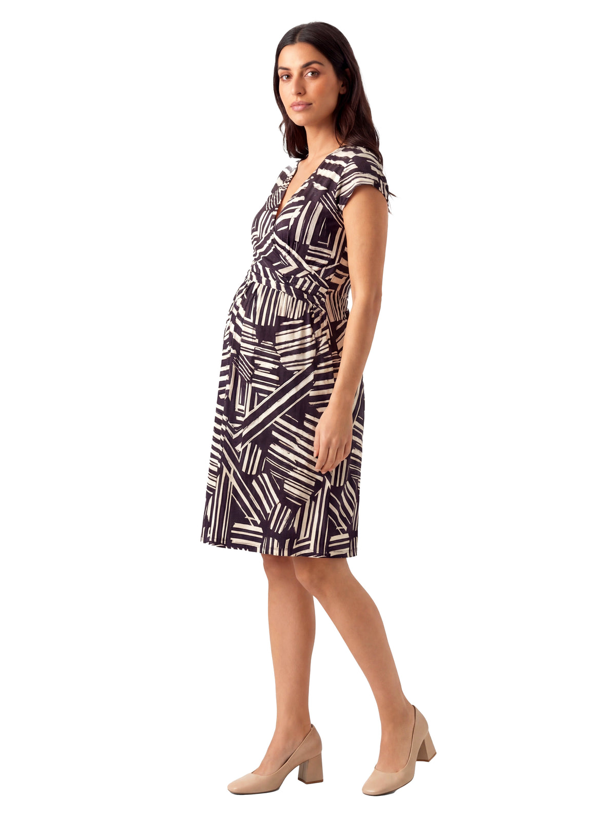 24seven Comfort Essential Maternity Black Abstract Print Cap Sleeve V Neck Knee Length Pocket Dress