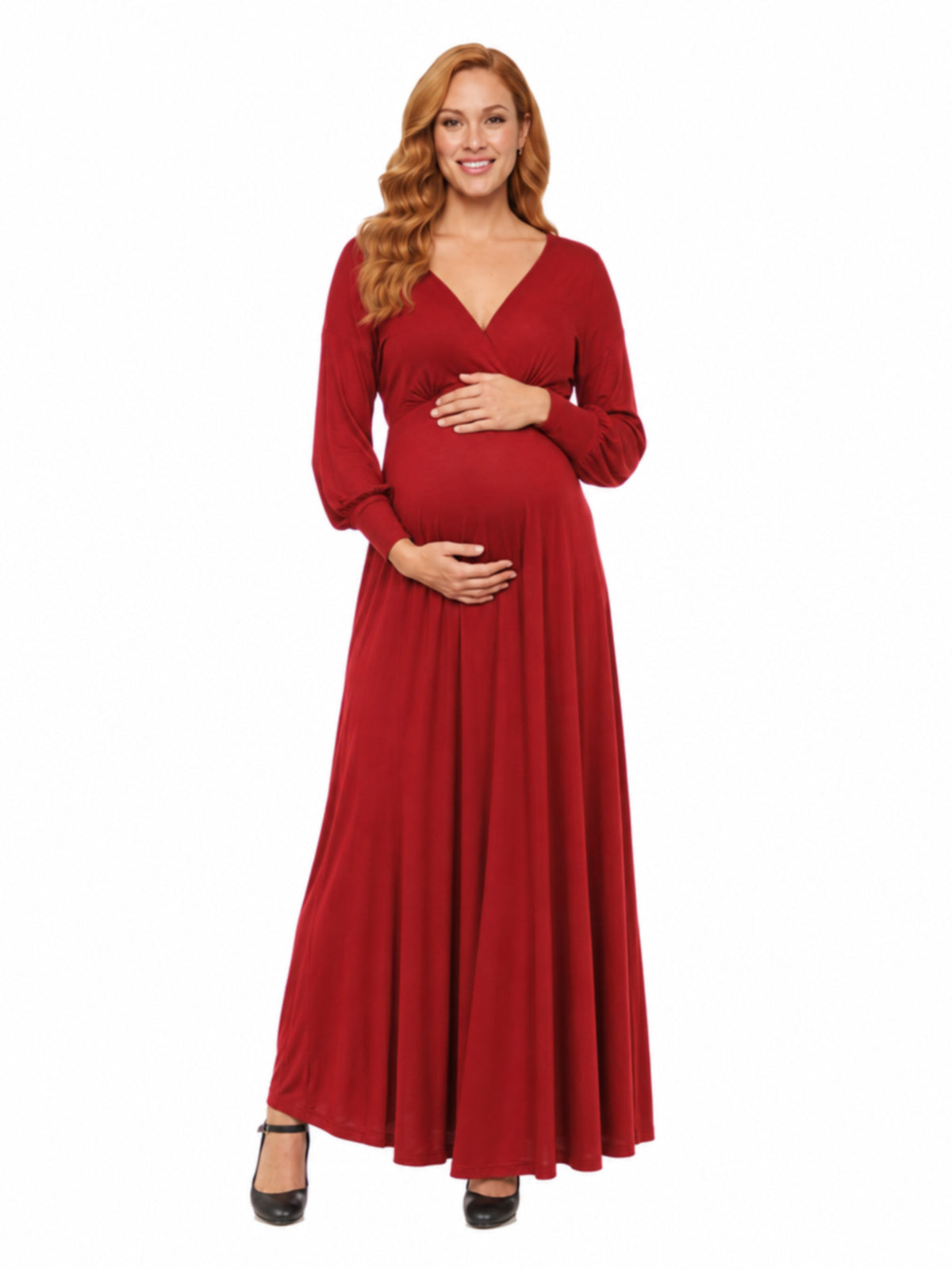 24seven Comfort Elevate Maternity V Neck Empire Waist Long Bishop Sleeve Maxi Dress
