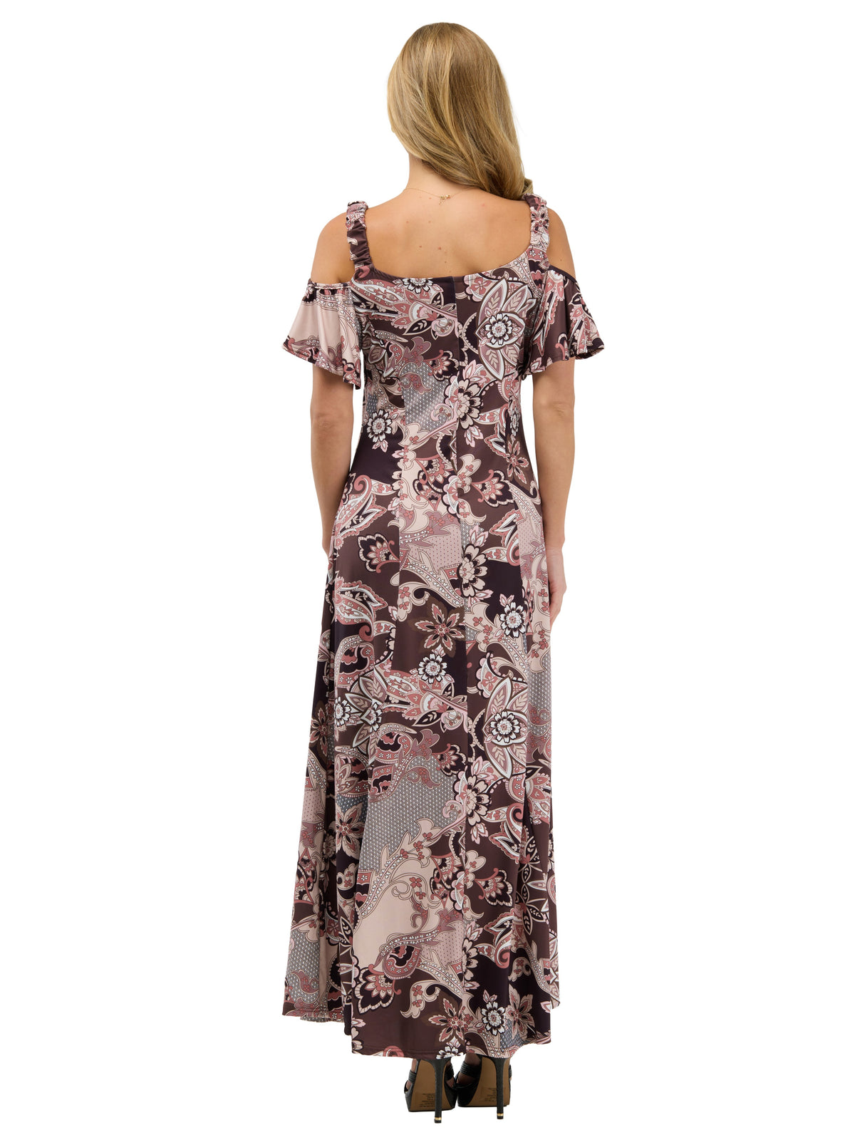 24seven Comfort Elevate Womens V Neck Cold Sholder Ruffle Sleeve Wide A Line Floral Maxi Dress