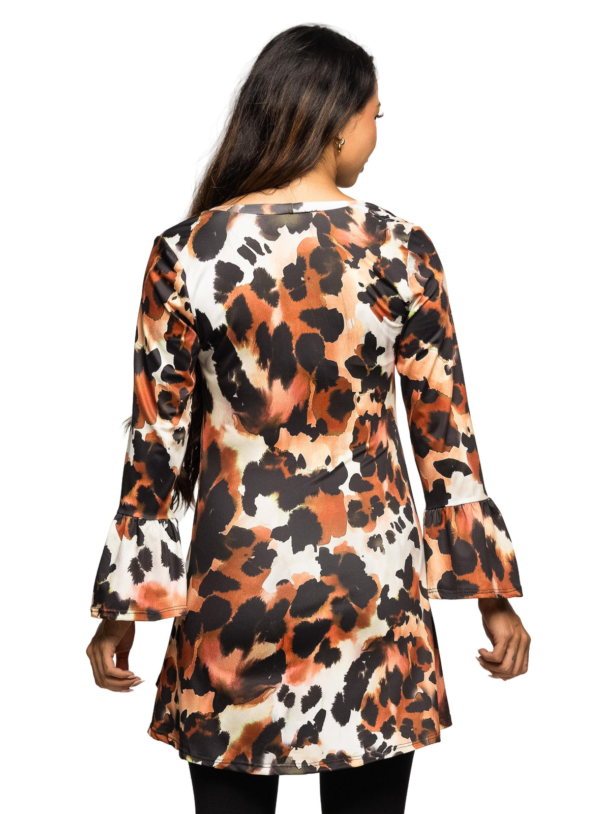 24seven Comfort Essential Maternity Animal Print Scoop Neck Bell Sleeve Flared High Low Tunic Top