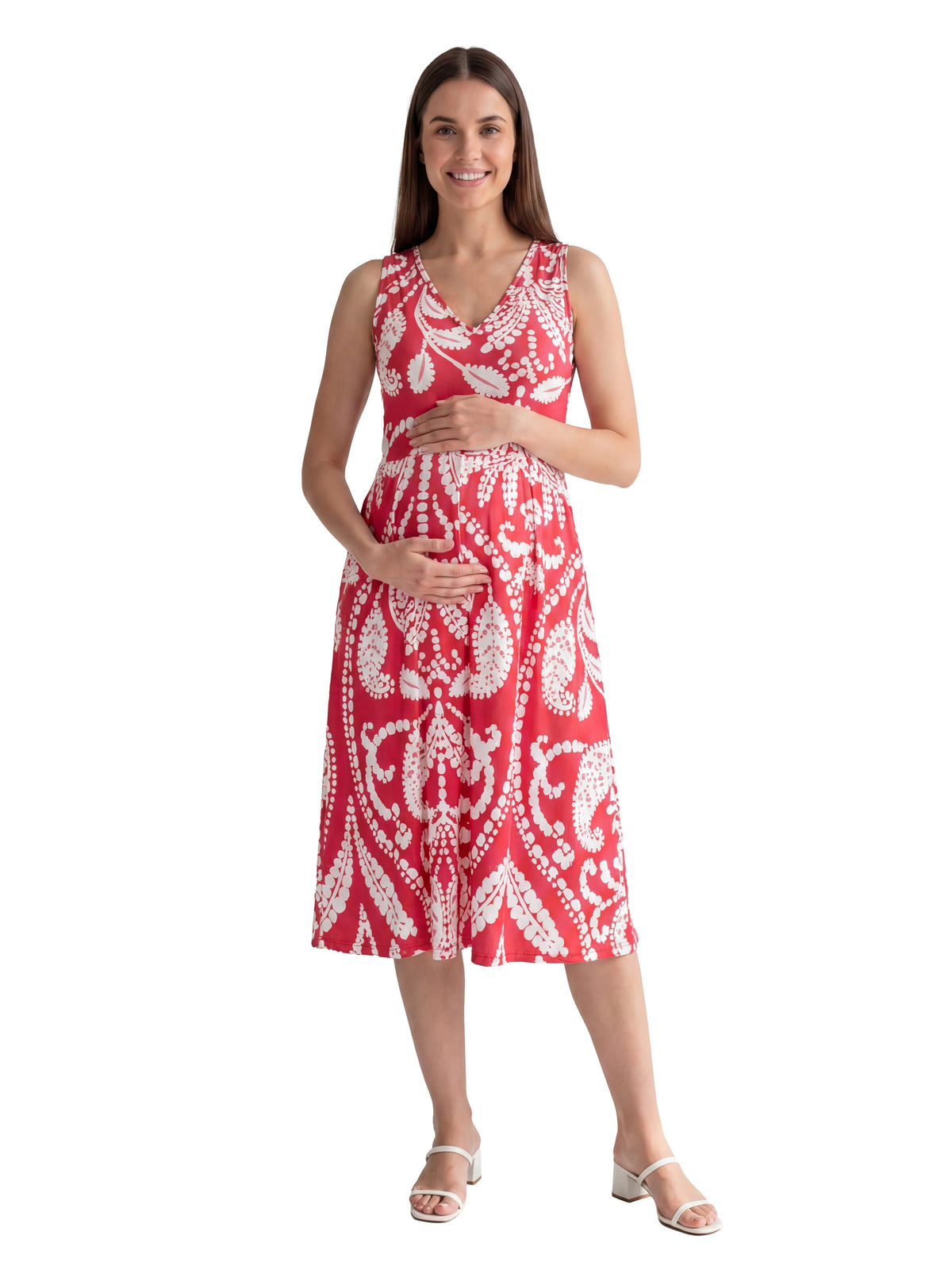 24seven Comfort Essential Maternity Paisley V Neck Sleeveless Pleated Pocket Midi Fit N Flare Dress
