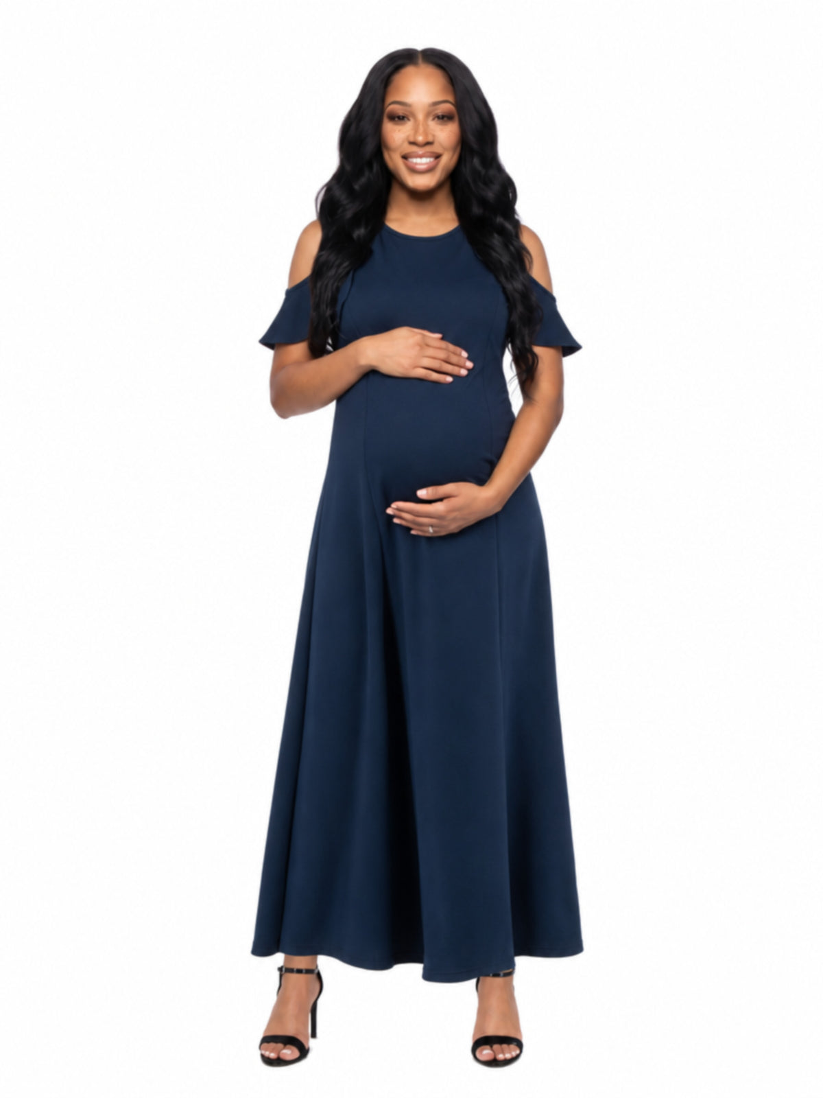 24seven Comfort Elevate Maternity Ruffle Cold Shoulder A Line Maxi Dress