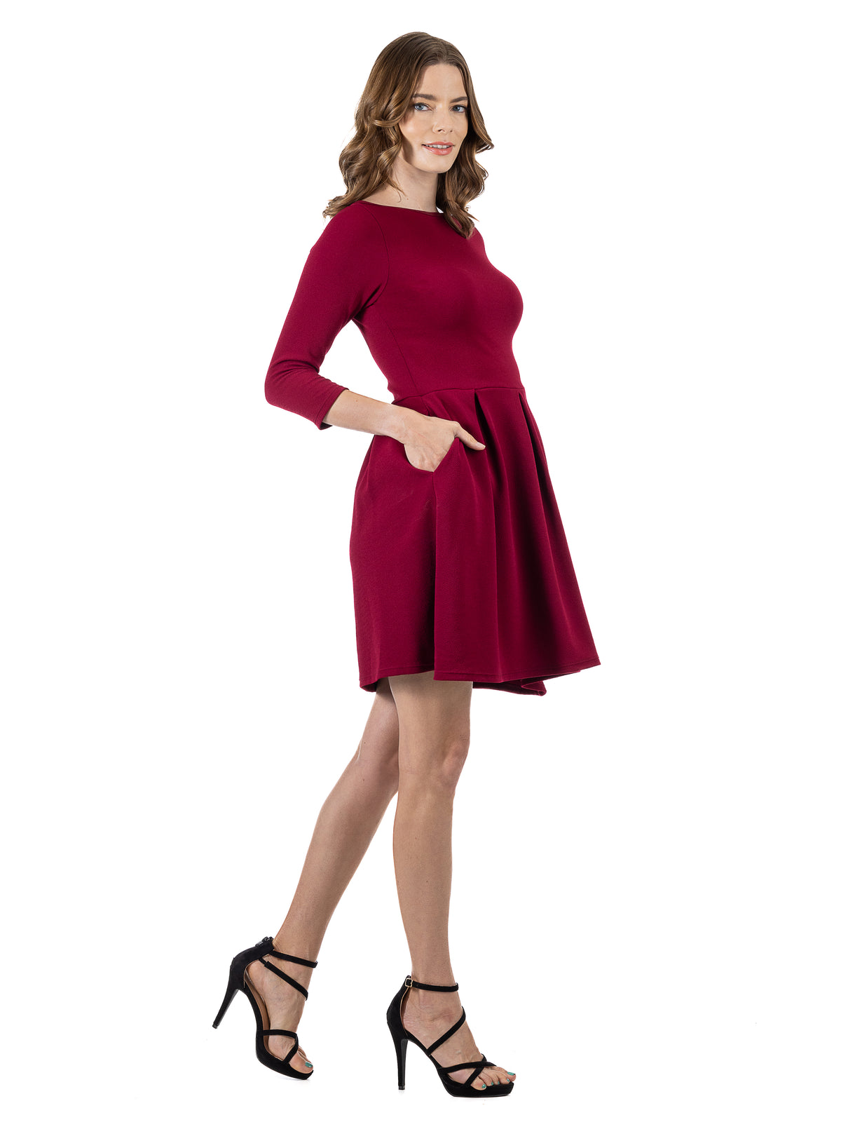24seven Comfort Essential Petite Classic Three-Quarter Sleeves Pleated A-Line Dress