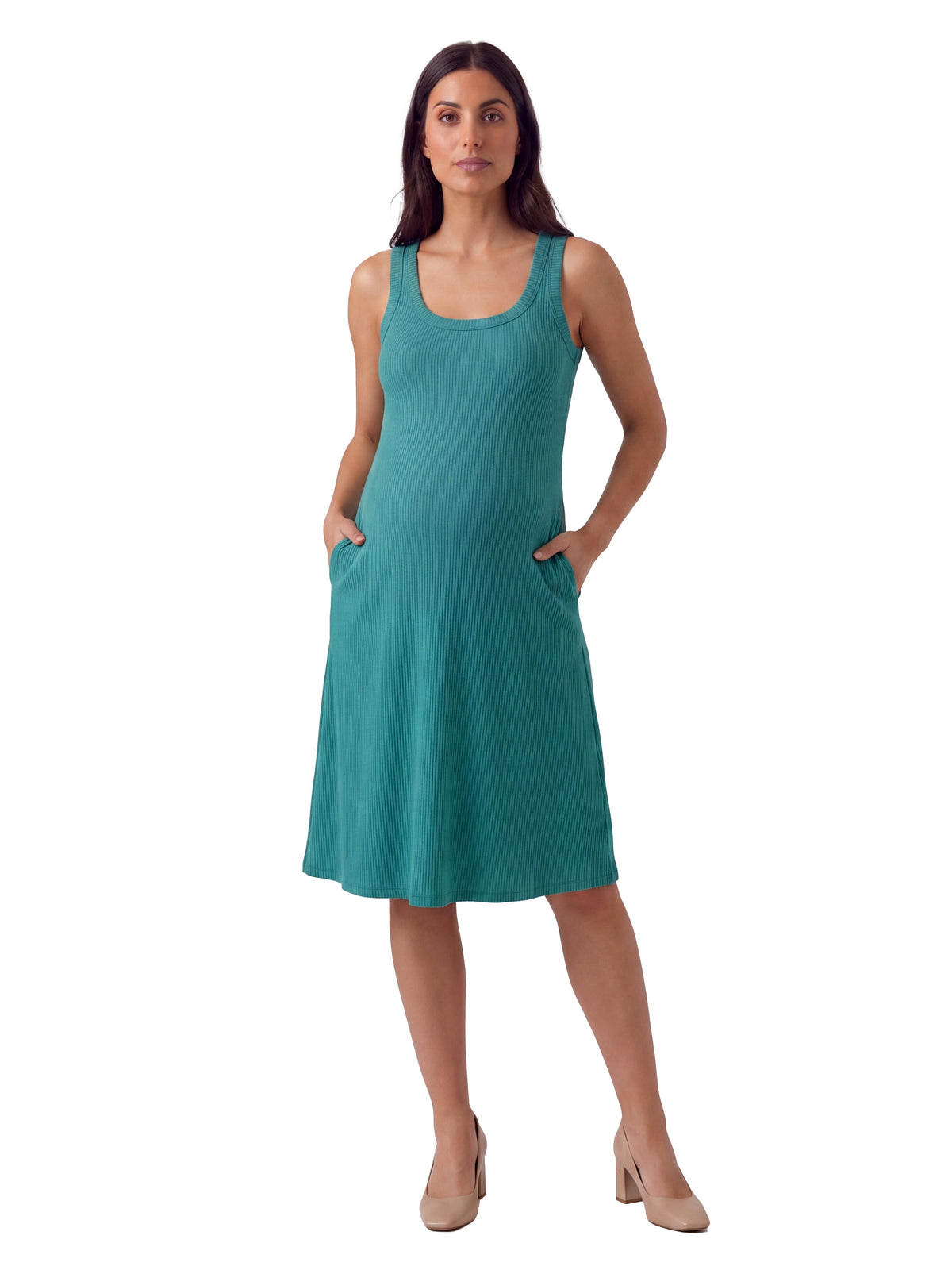 24seven Comfort Essential Maternity Ribbed Knit Sleeveless Scoop Neck Pocket A Line Midi Dress