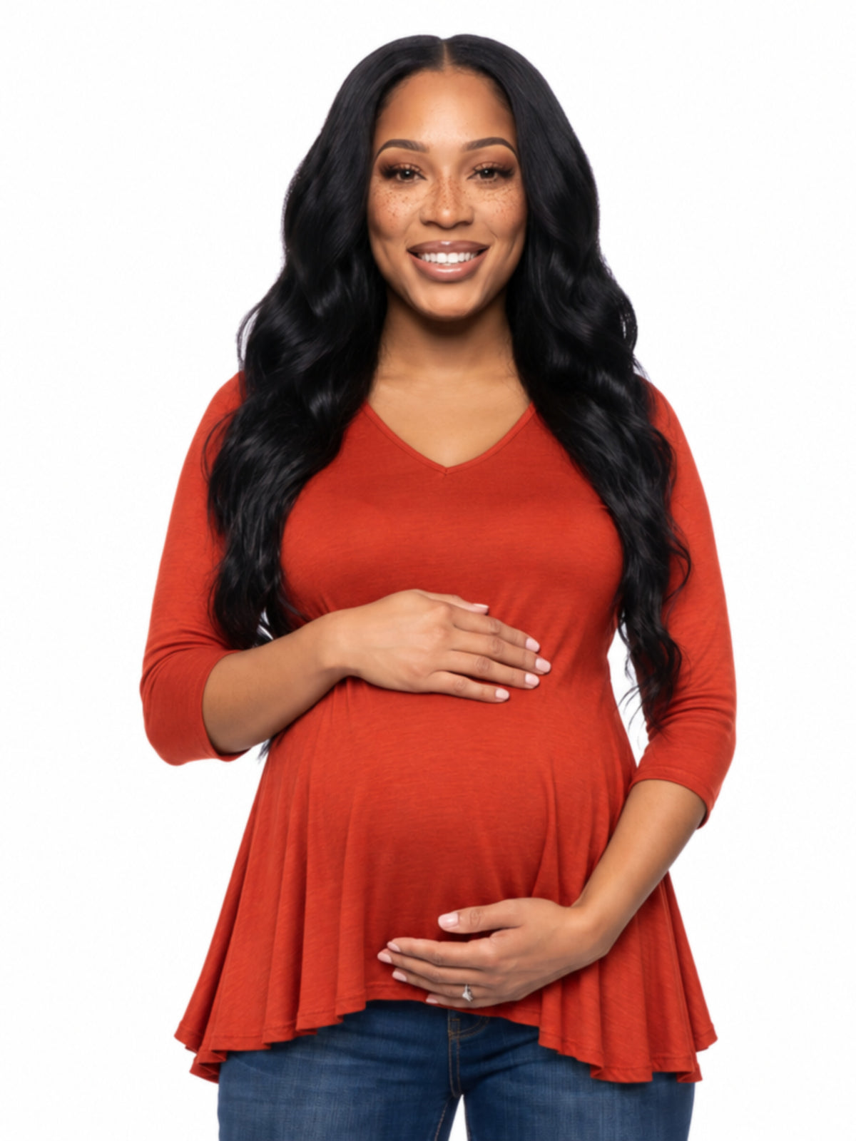24seven Comfort Basic Maternity Three Quarter Sleeve V Neck Swing Tunic Top
