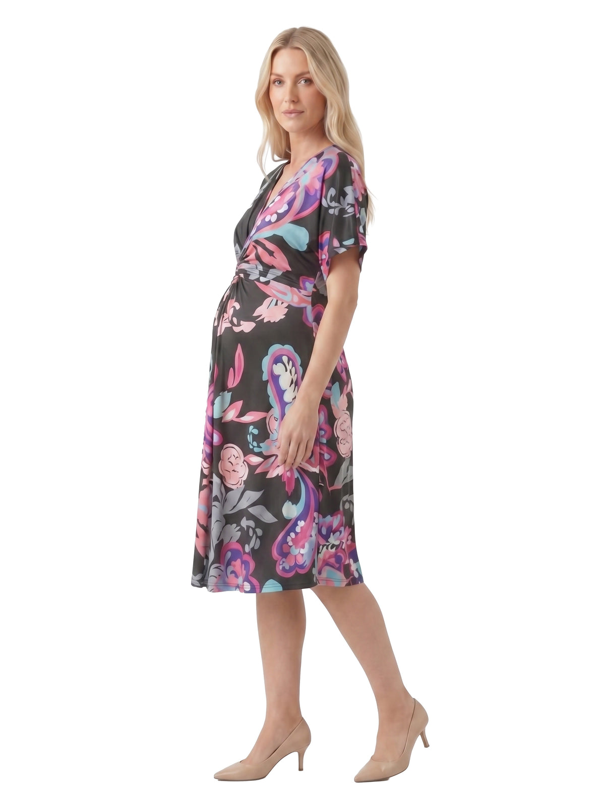 24seven Comfort Essential Maternity Paisley V Neck Short Dolman Sleeve Twist Front A Line Midi Dress