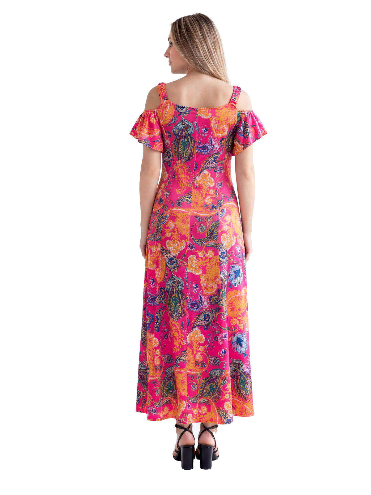 24seven Comfort Elevate Maternity Pink Paisley Print Cold Sholder Ruffle Sleeve A Line Maxi Dress