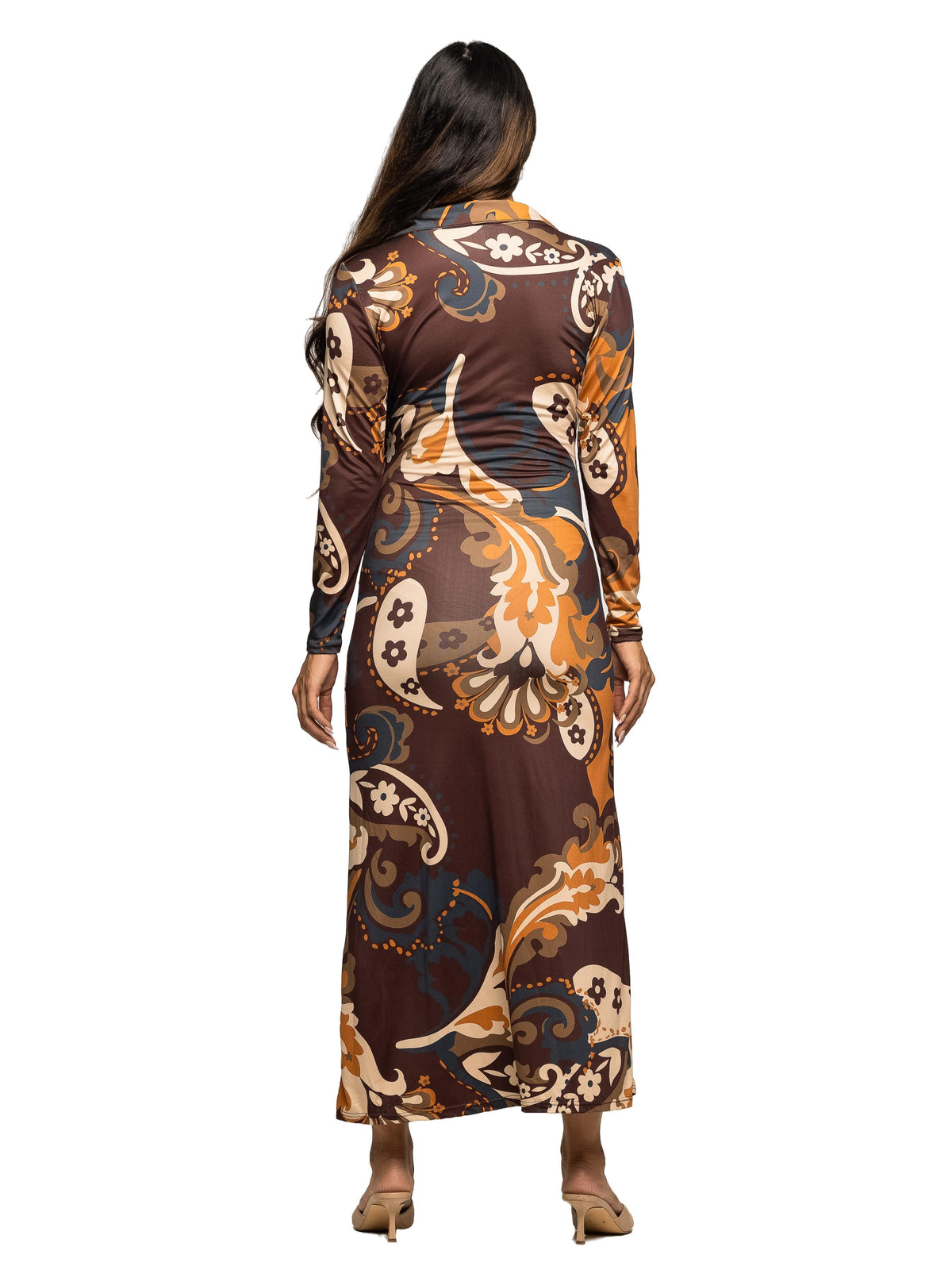 24seven Comfort Elevate Maternity Brown Paisley Print V Neck Empire Waist Side Slit Wrap Maxi Dress
