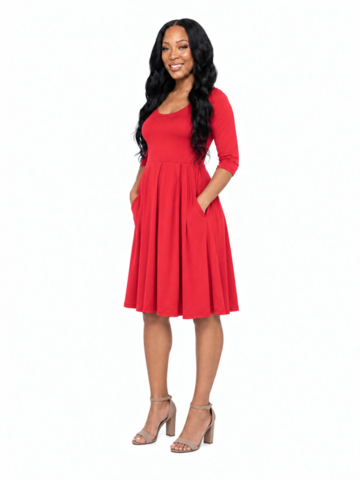 24seven Comfort Essential Maternity Scoop Neck Three Quarter Sleeve Pleated Fit N Flare Pocket Mini Dress