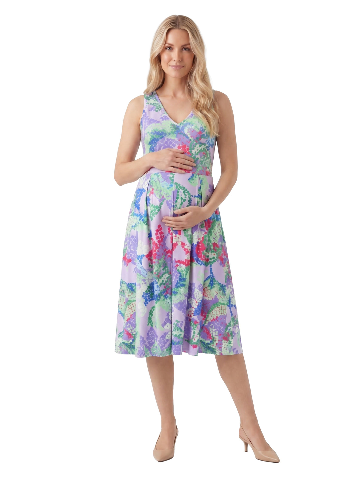 24seven Comfort Essential Maternity Abstract V Neck Sleeveless Pleated Pocket Midi Fit N Flare Dress