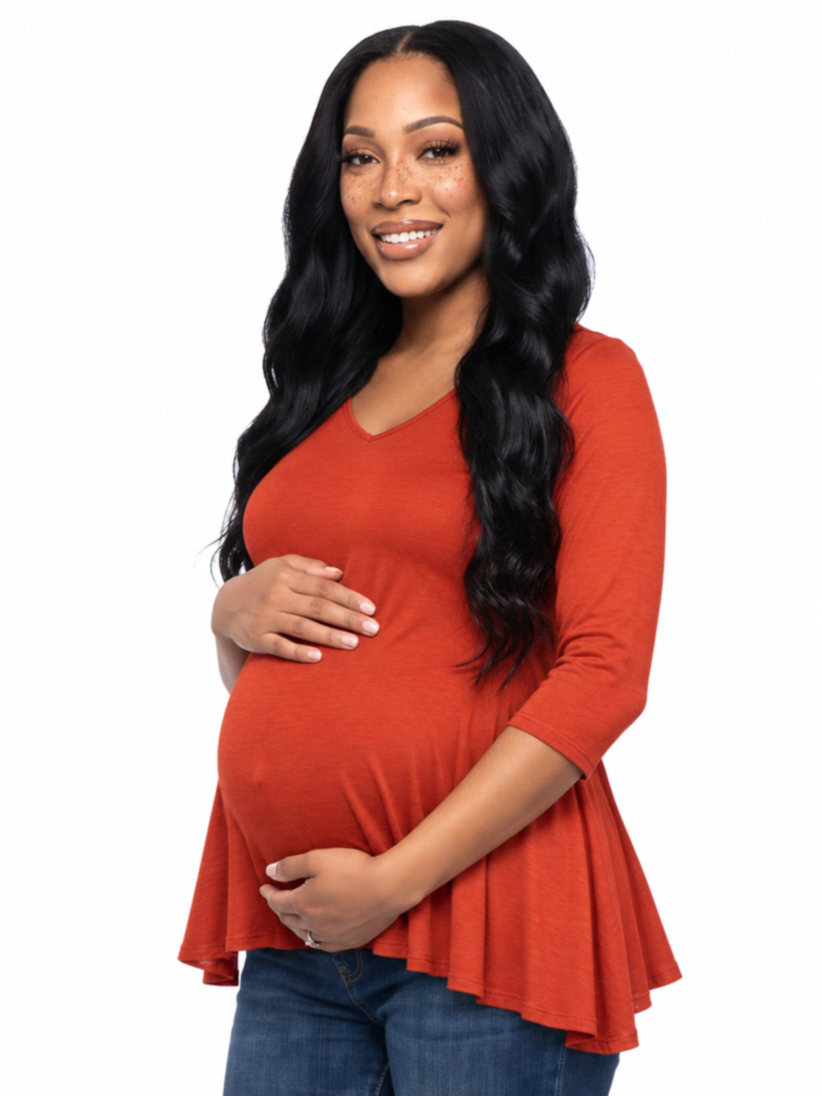 24seven Comfort Basic Maternity Three Quarter Sleeve V Neck Swing Tunic Top