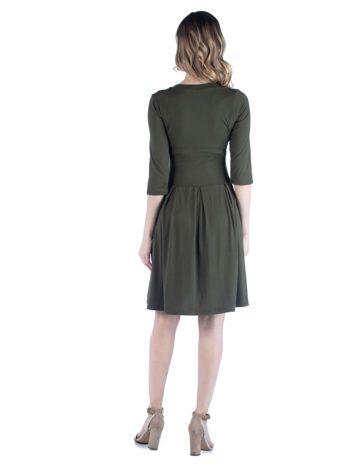 24seven Comfort Essential Maternity Scoop Neck Three Quarter Sleeve Pleated Fit N Flare Pocket Mini Dress
