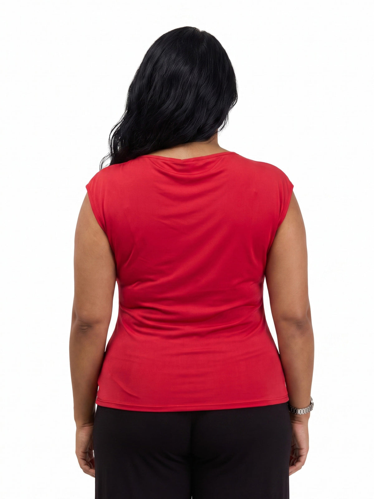 24seven Comfort Elevate Curvy Cap Sleeve Asymmetrical Boat Neck With Gold Shoulder Brooch Top