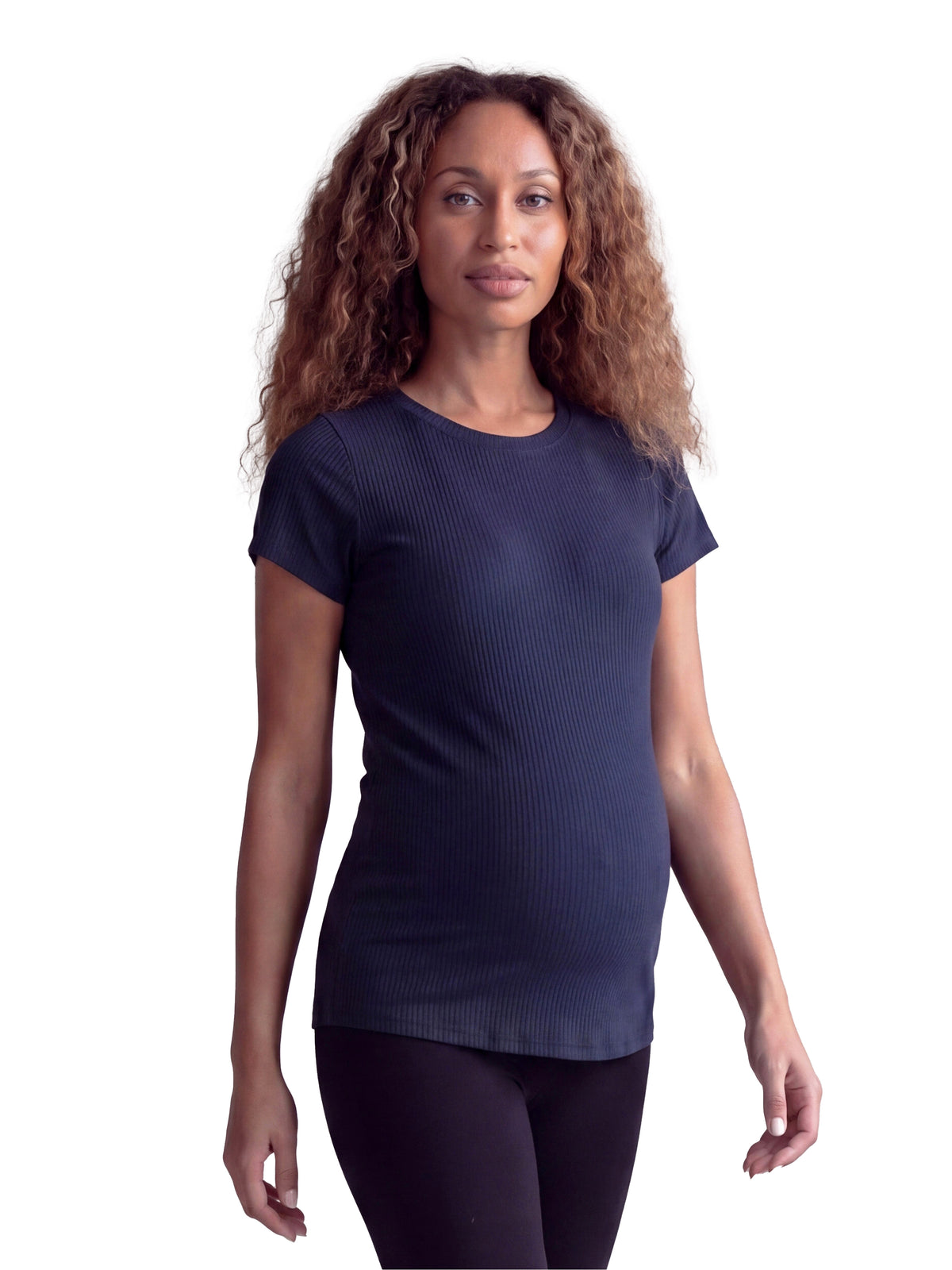 24seven Comfort Basic Maternity Ribbed Knit Round Neck Short Sleeve Top