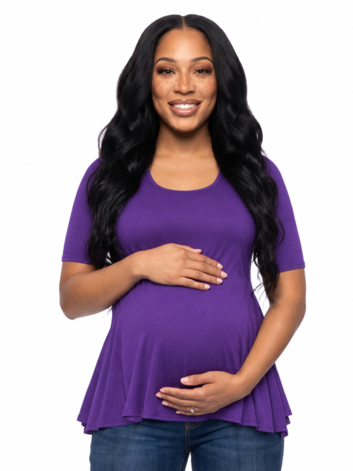 24seven Comfort Basic Maternity Scoop Neck Elbow Swing Flared Tunic Top
