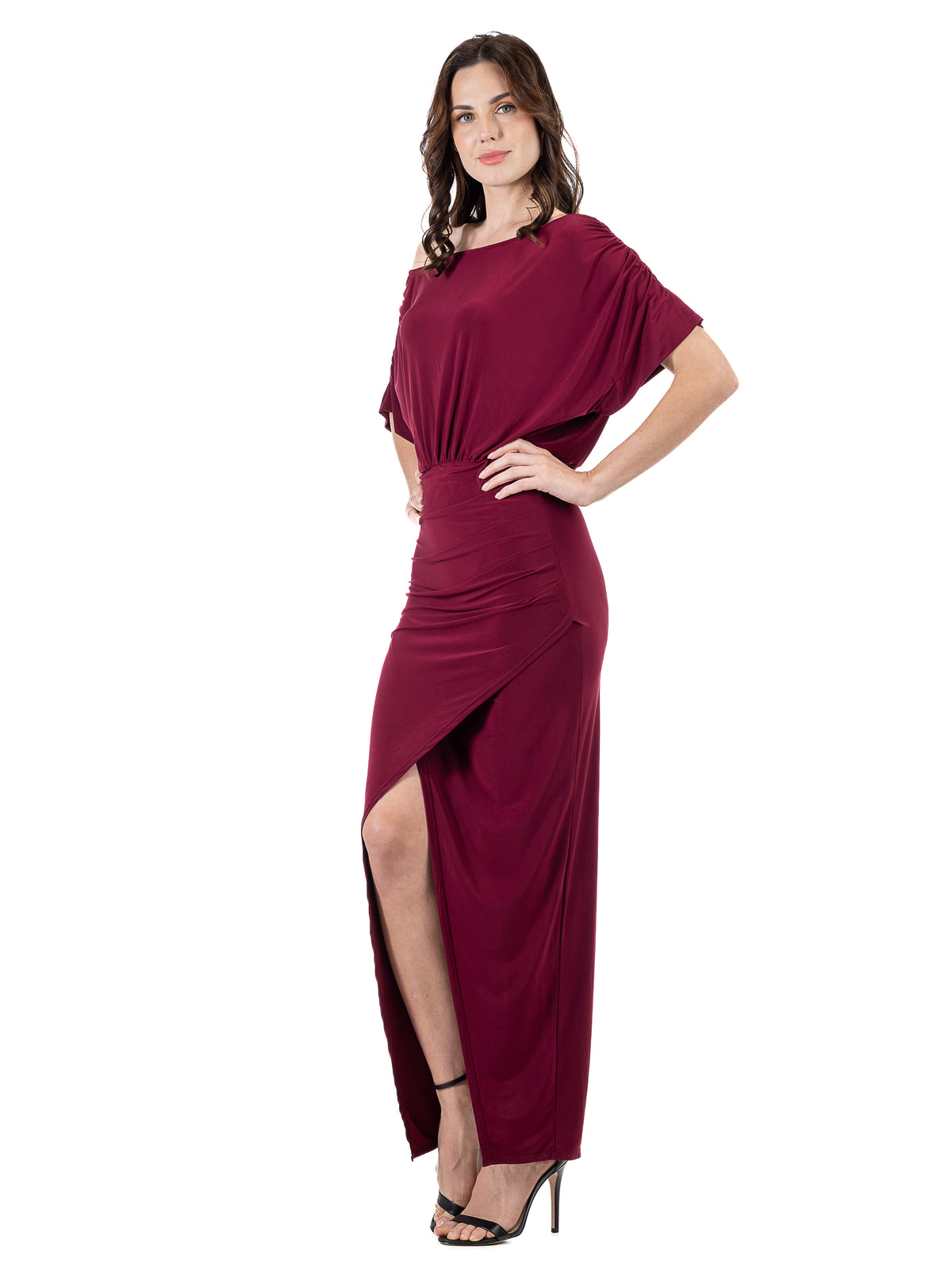 24seven Comfort Elevate Petite Off the Shoulder Draped Slit Maxi Dress