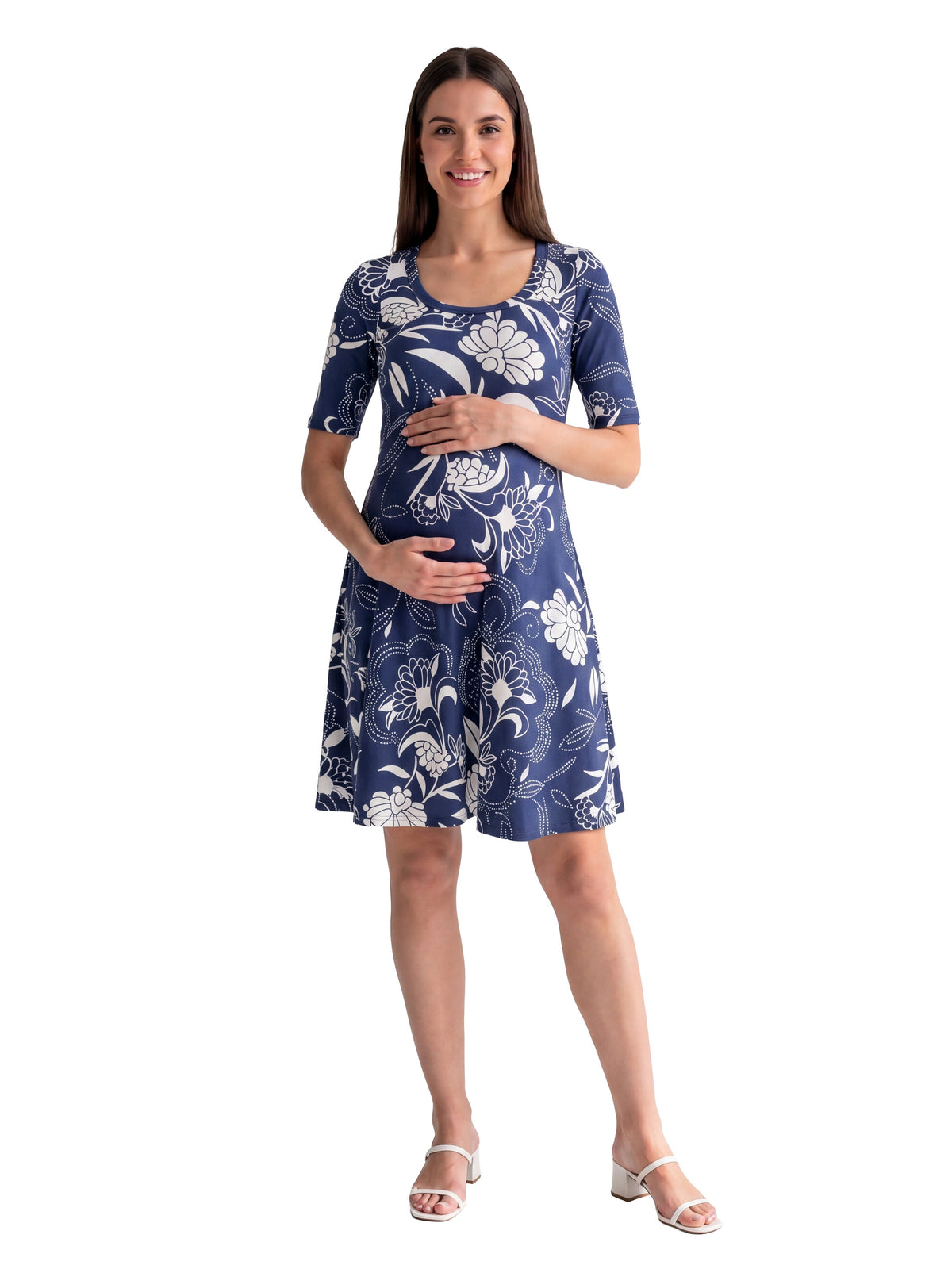24seven Comfort Essential Maternity Floral Scoop Neck Elbow Sleeve Knee Length Skater Dress