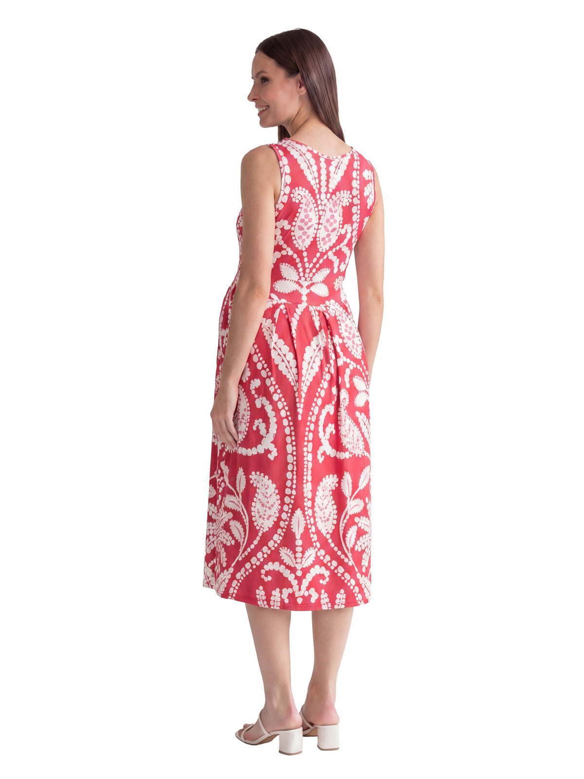 24seven Comfort Essential Maternity Paisley V Neck Sleeveless Pleated Pocket Midi Fit N Flare Dress
