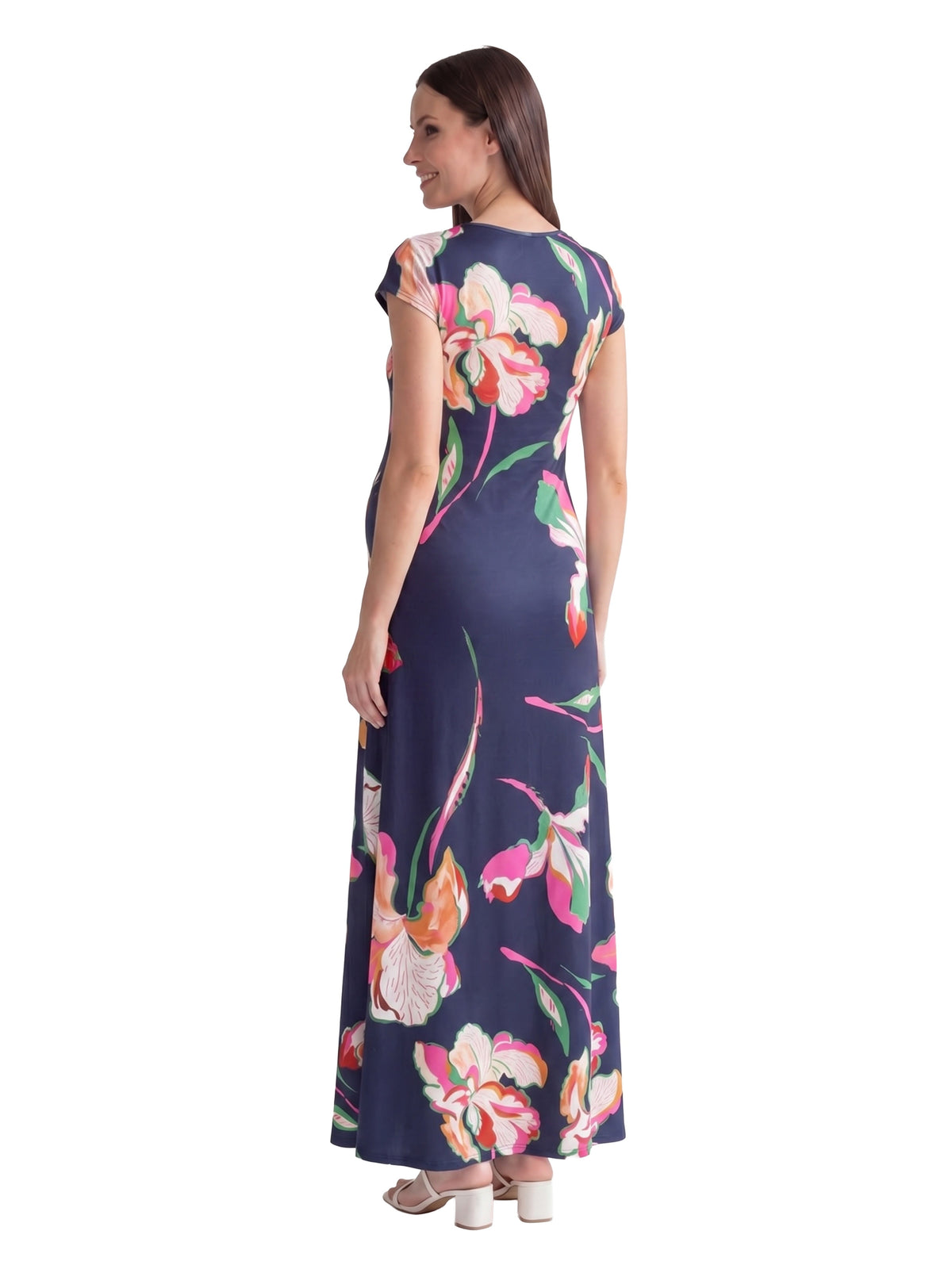 24seven Comfort Elevate Maternity Floral V Neck Cap Sleeve Ruched Front Maxi Dress