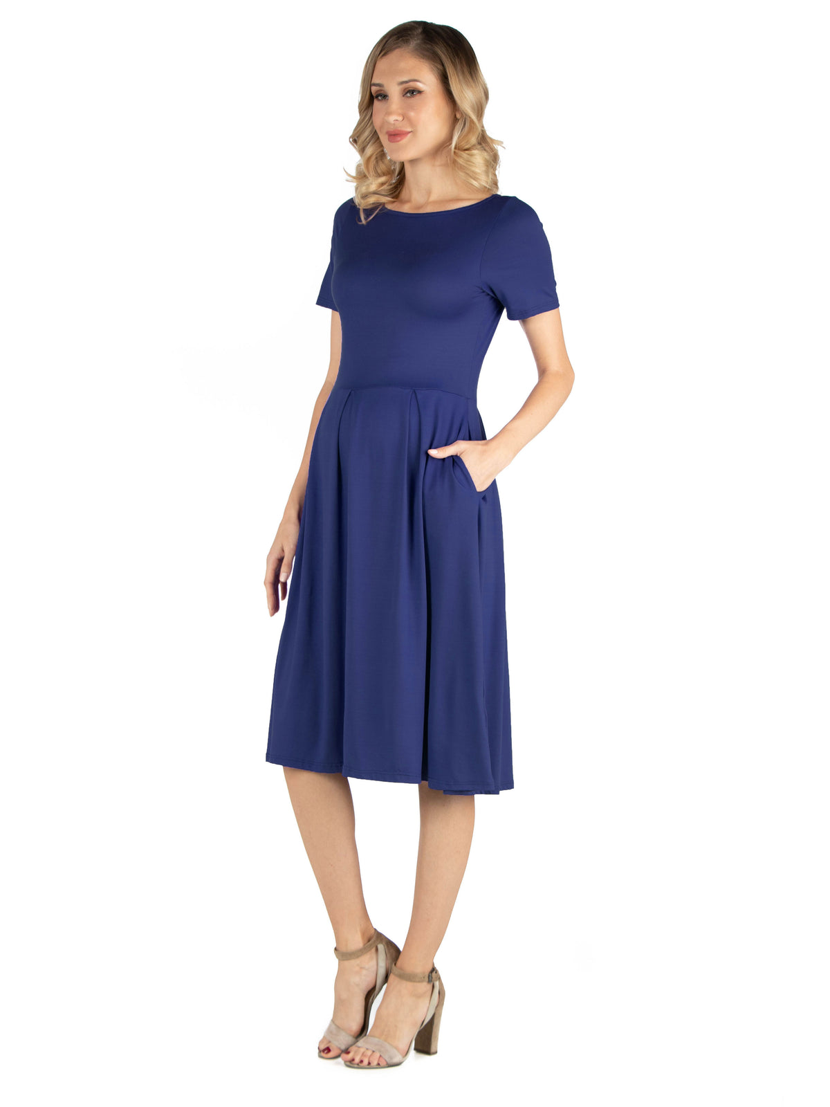 24seven Comfort Essential Maternity Boat Neck Short Sleeve Pleated Pocket Midi Dress