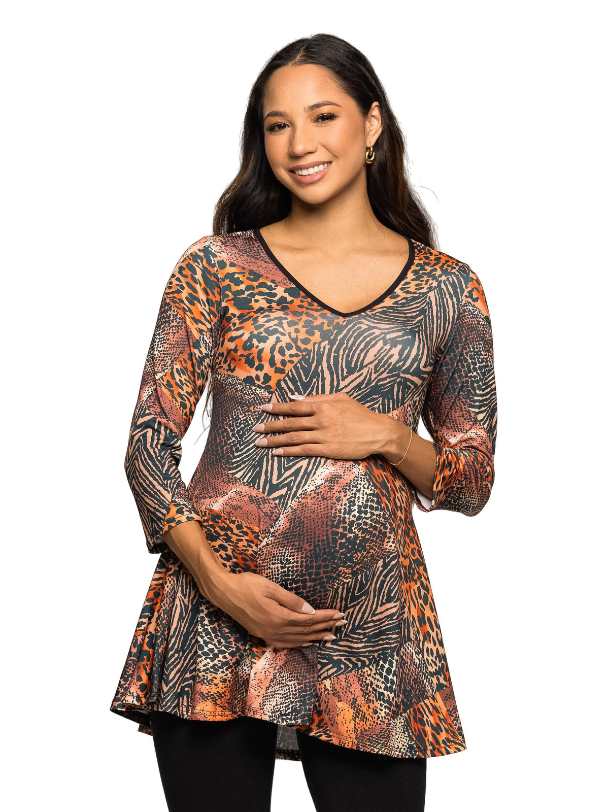 24seven Comfort Essential Maternity Animal Print V Neck Three Quarter Sleeve Tunic Top