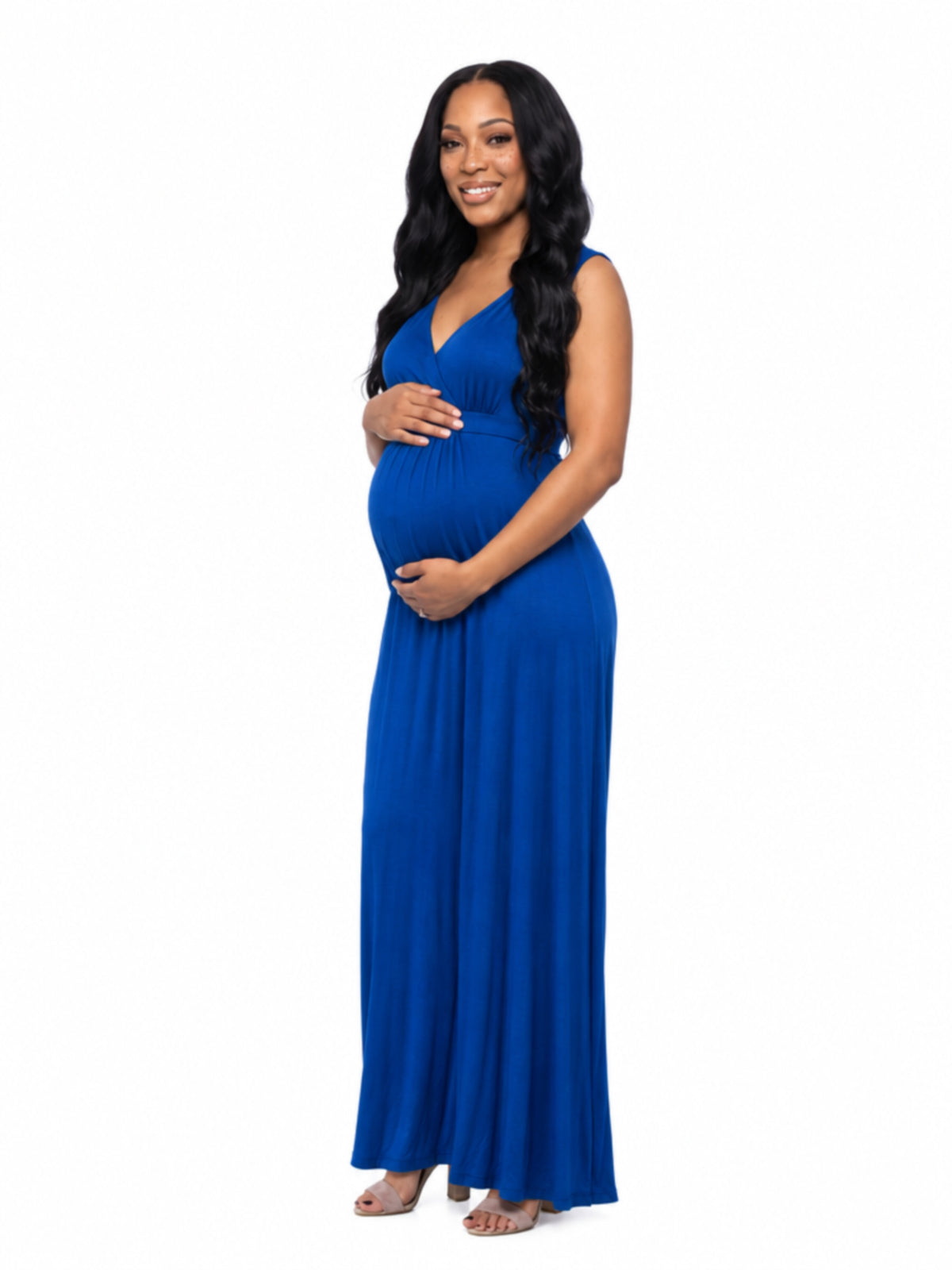 24seven Comfort Essential Maternity V Neck Sleeveless Empire Waist Belted Maxi Dress