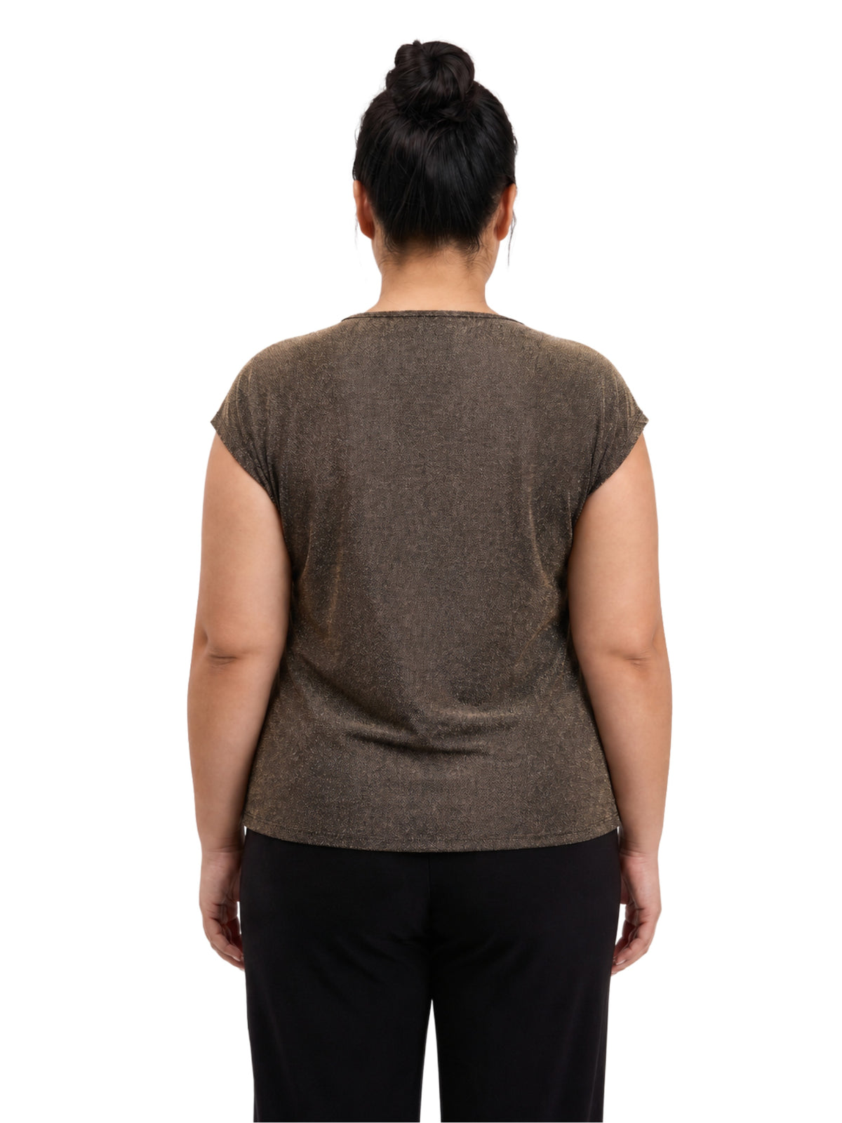 24seven Comfort Elevate Curvy Cap Sleeve Asymmetrical Boat Neck With Gold Shoulder Brooch Top