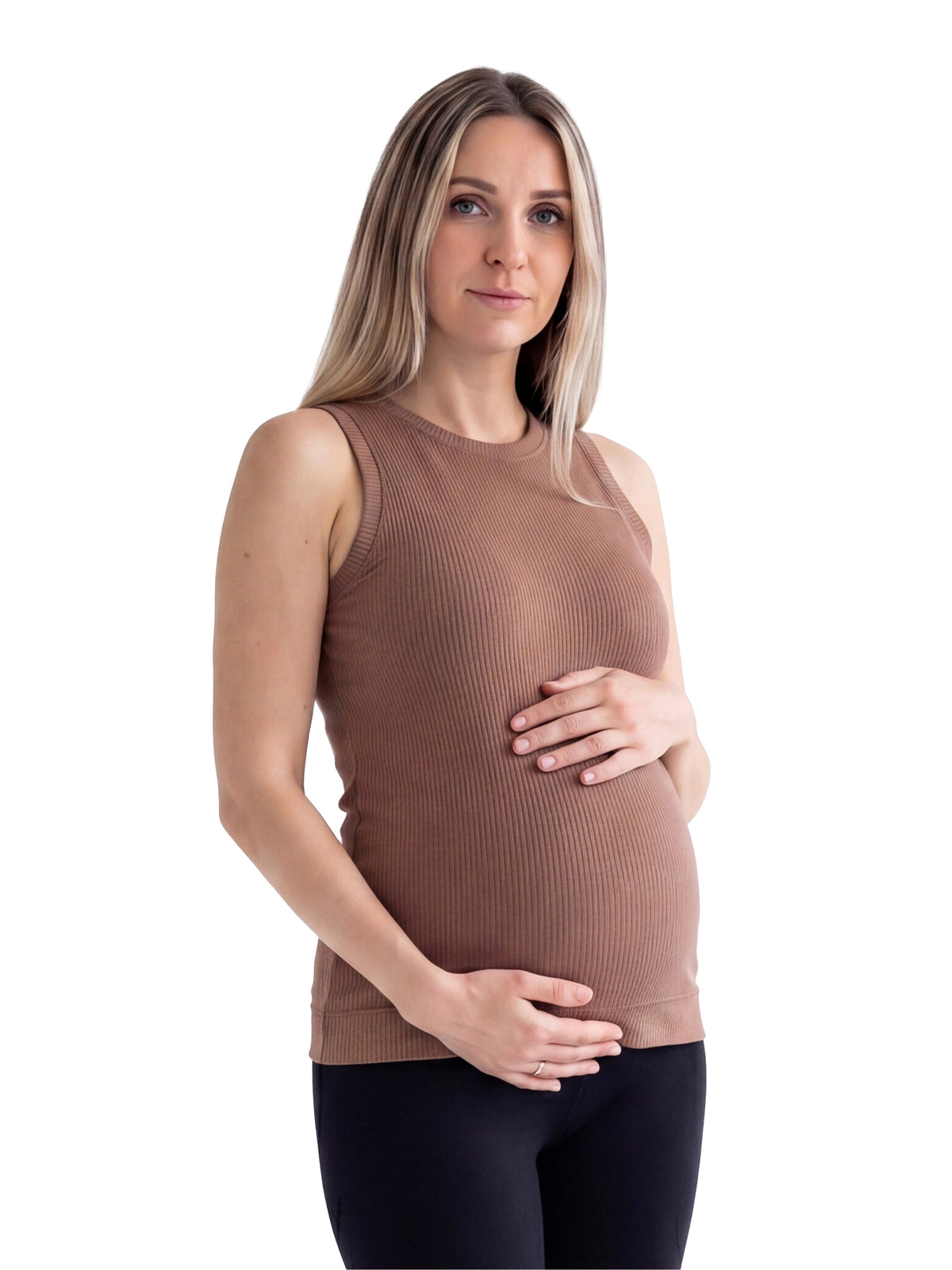 24seven Comfort Basic Maternity Ribbed Knit Round Neck Sleeveless Tank Top