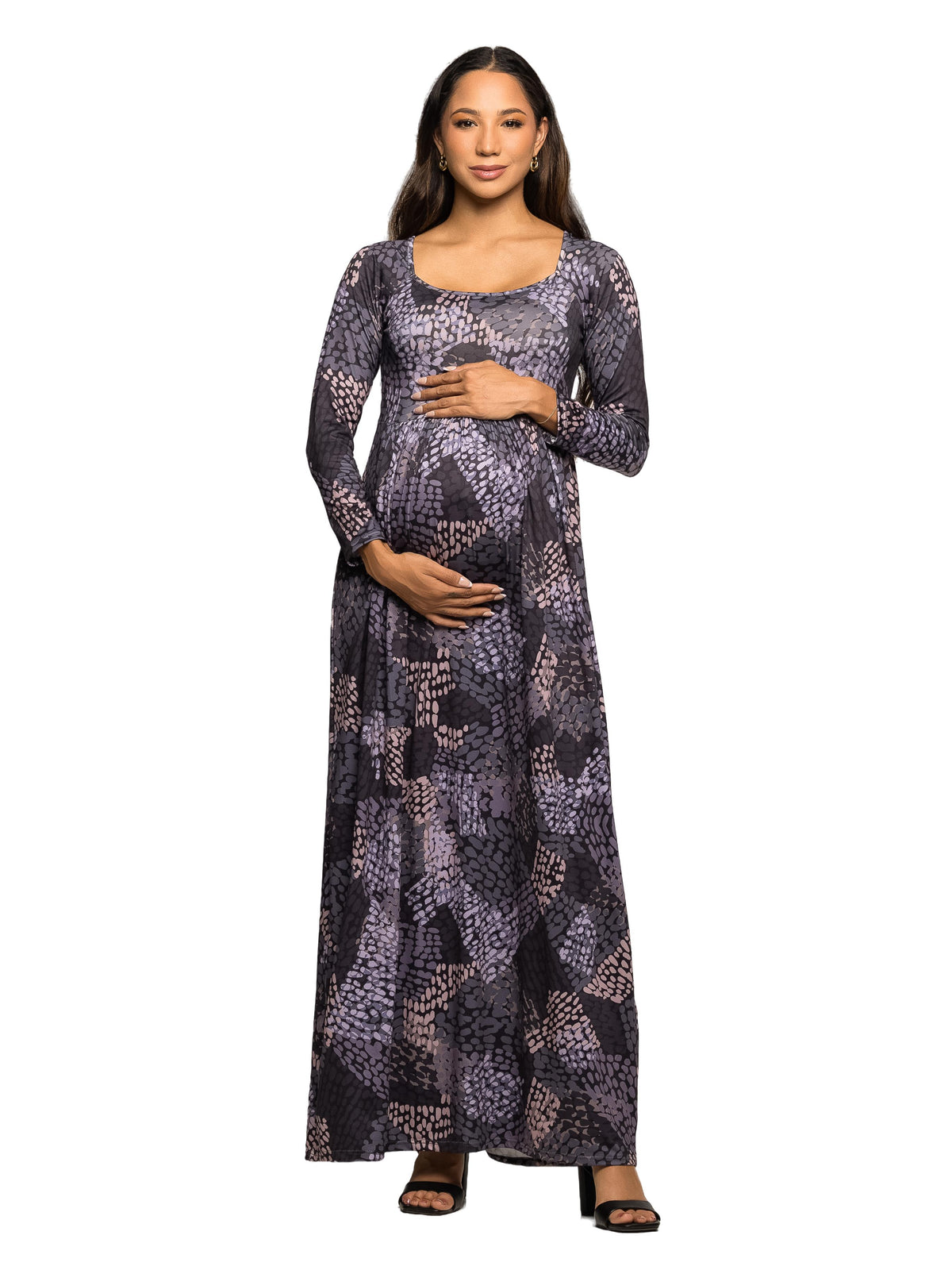 24seven Comfort Essential Maternity Grey Astract Print Square Neck Long Sleeve Empire Waist Maxi Dress