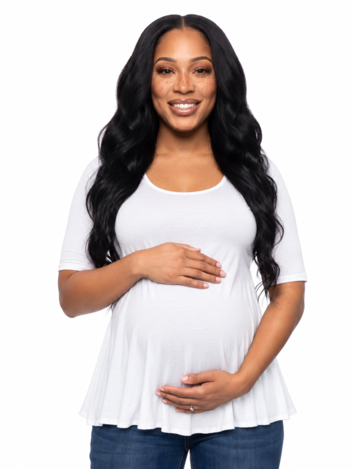 24seven Comfort Basic Maternity Scoop Neck Elbow Swing Flared Tunic Top