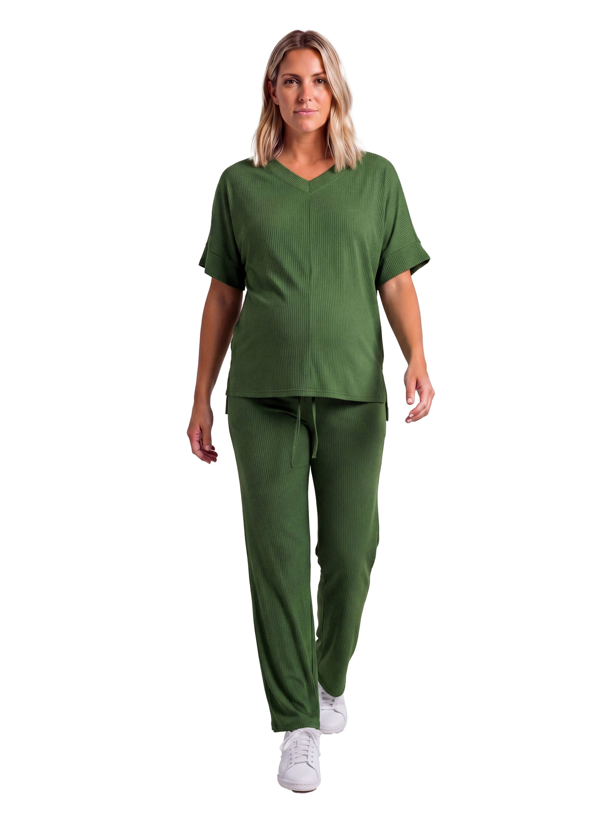 24seven Comfort Basic Maternity Ribbed Knit Dolman Sleeve V Neck Top and Drawstring Wide Leg Pant Set