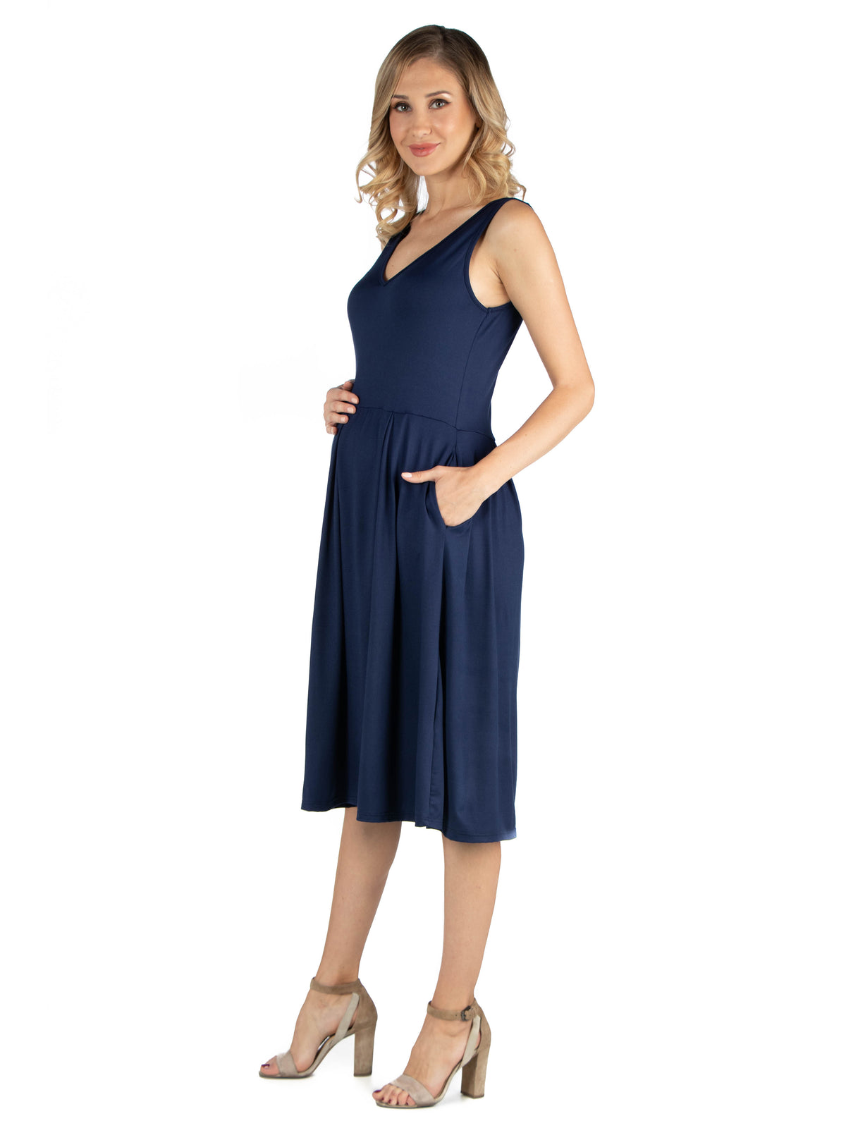 24seven Comfort Essential Maternity V Neck Sleeveless Fit N Flare Pocket Midi Dress