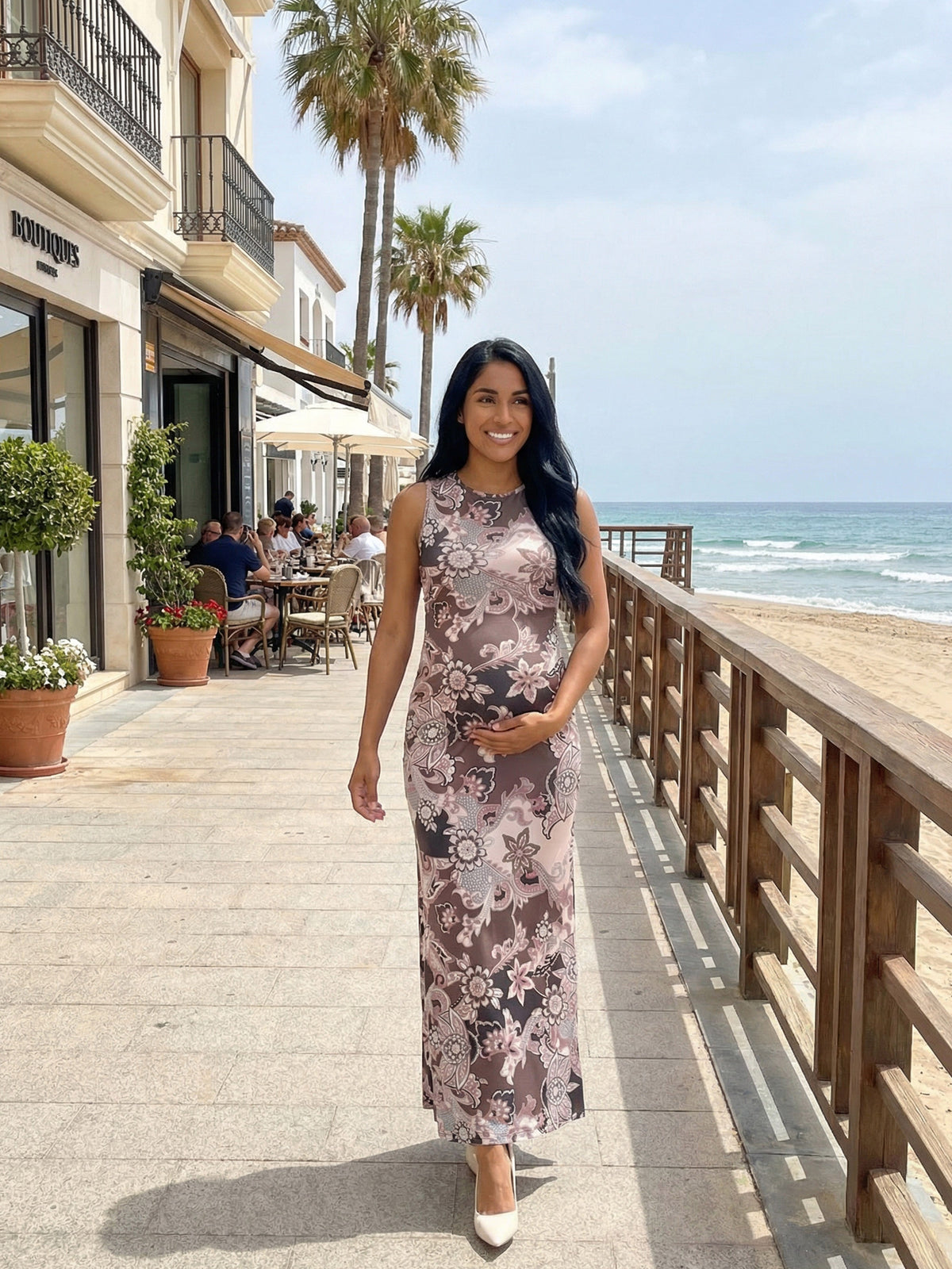 24seven Comfort Essential Maternity Brown Paisley Sleeveless Side Slit Bodycon A Line Maxi Dress