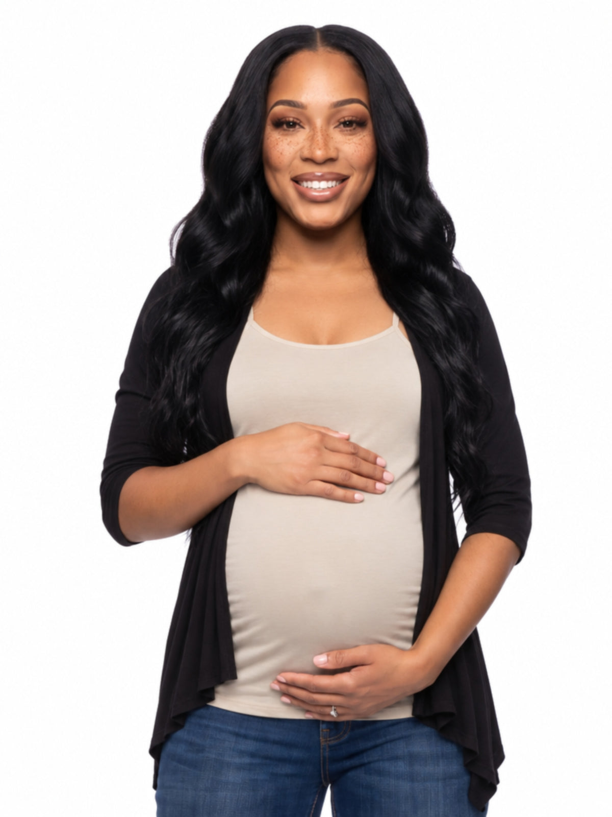 24seven Comfort Basic Maternity Elbow Sleeve Open Front Cascading Shape Jacket