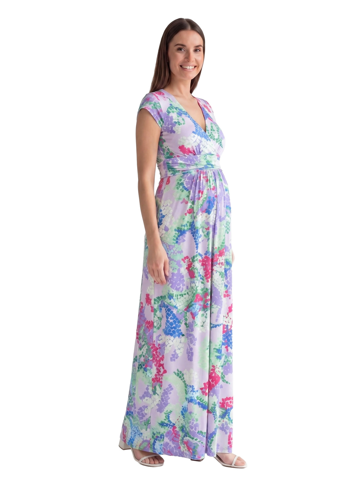 24seven Comfort Essential Maternity Abstract V Neck Cap Sleeve Side Slit Pocket A Line Maxi Dress